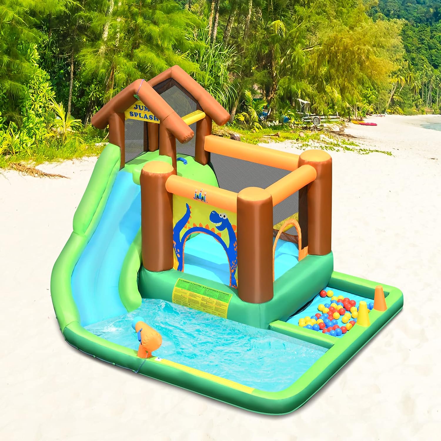 Estrutura Insuflável Dinossauro com Zona de Saltar, Piscina, Canhão de Água e Bolas, para crianças dos 3 aos 10 anos, até aos 135 kg (com soprador) - 5