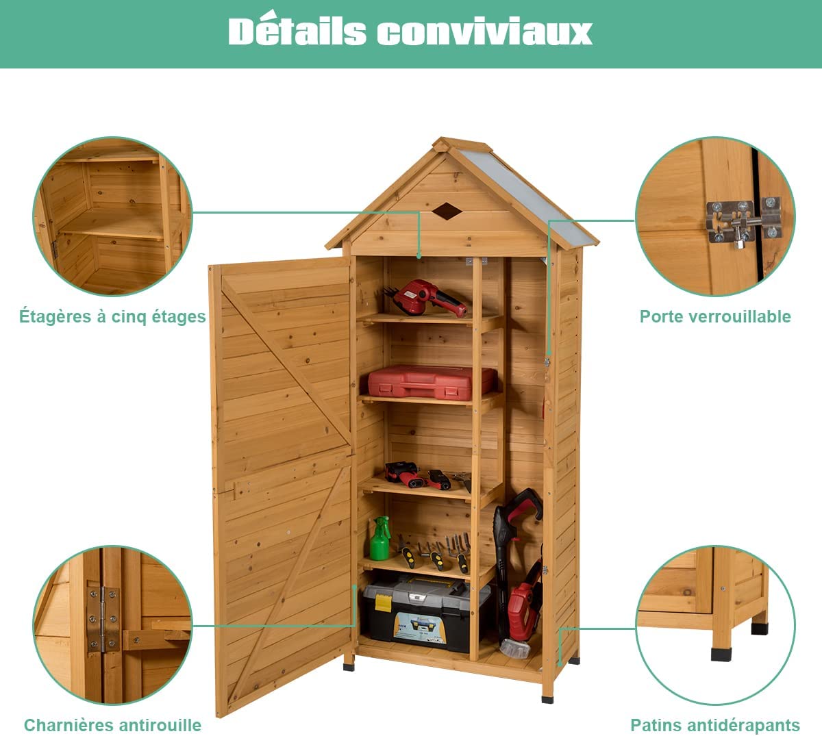 Armadio da Esterno 80 x 45 x 177 cm, Casetta da Giardino in Legno con Tetto Galvanizzato Impermeabile, Mensole e Chiusura a Chiave, Ripostigli - 3