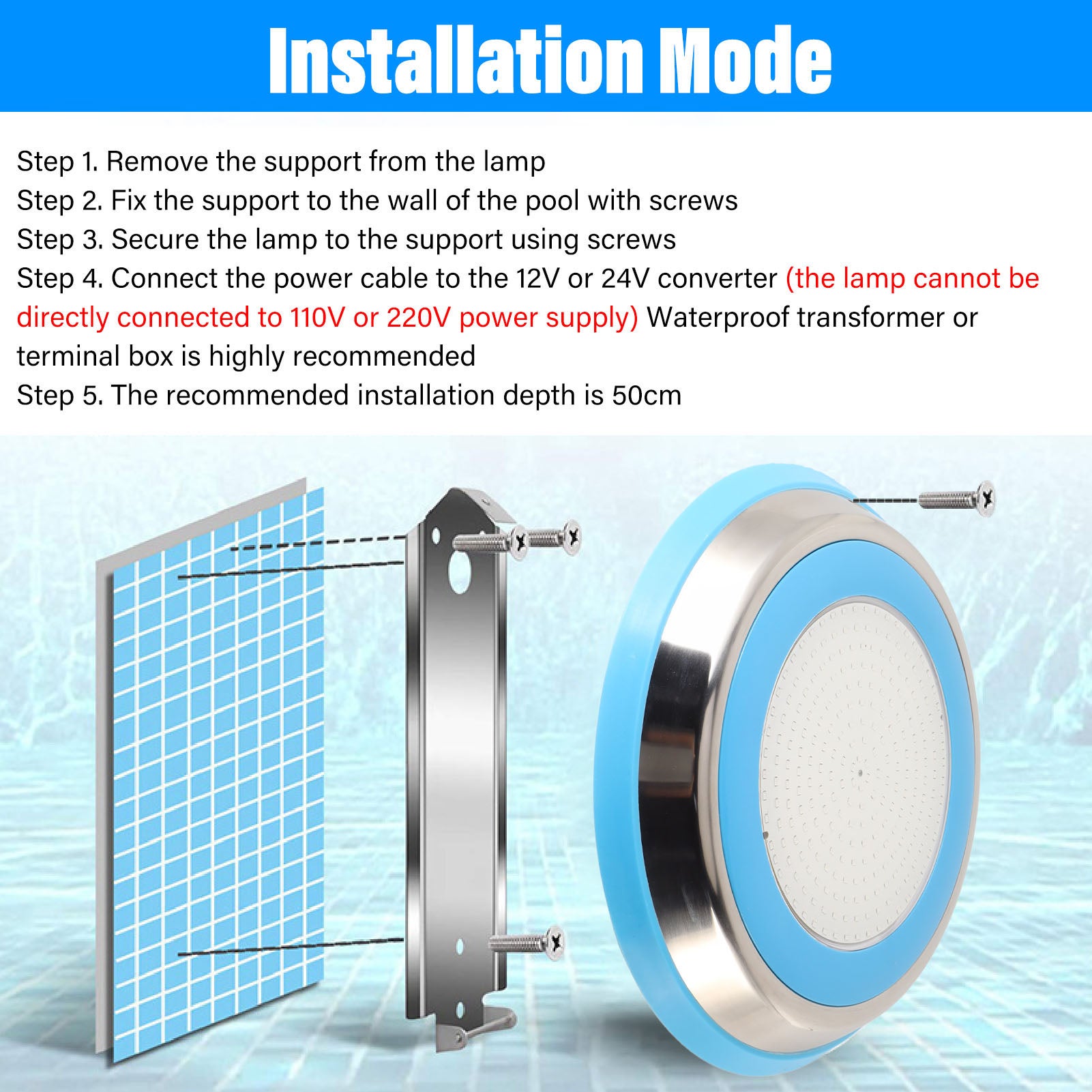 18W RGB LED lumière de piscine IP68 étanche piscine sous-marine lumière LED RGB sans fil télécommande lampe sous-marine AC12V bleu - 4