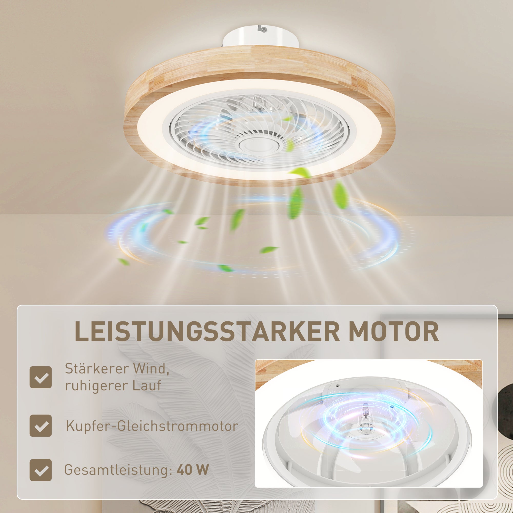 Ventilateur de plafond avec éclairage et télécommande,6 vitesses,luminosité réglable,moteur silencieux,marron clair - 7