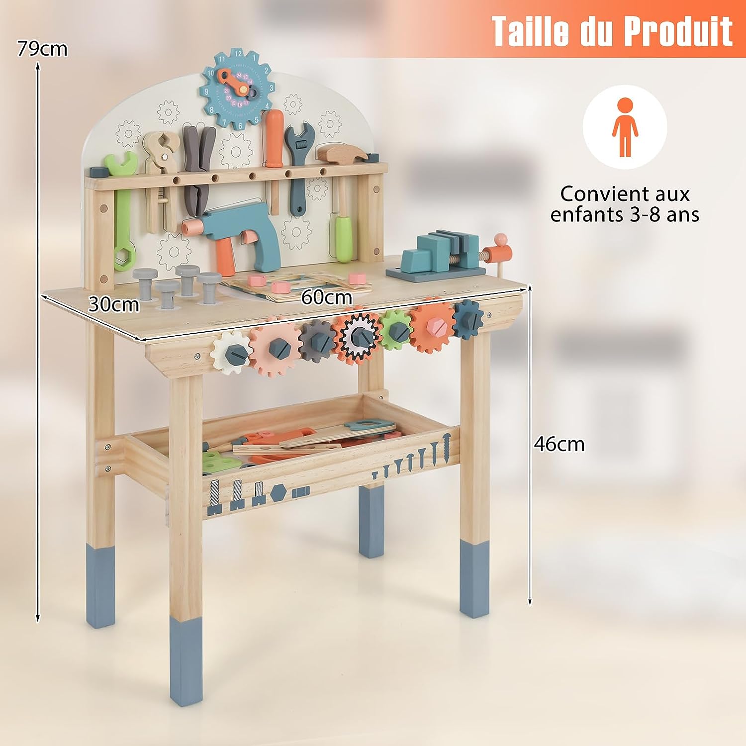Jouet d'Etabli en Bois pour Enfants avec 8 Outils & 53 Accessoires, Jeu d'imitation Bricolage avec Tableau Noir, Cadeau Enfant 3-8 Ans - 5