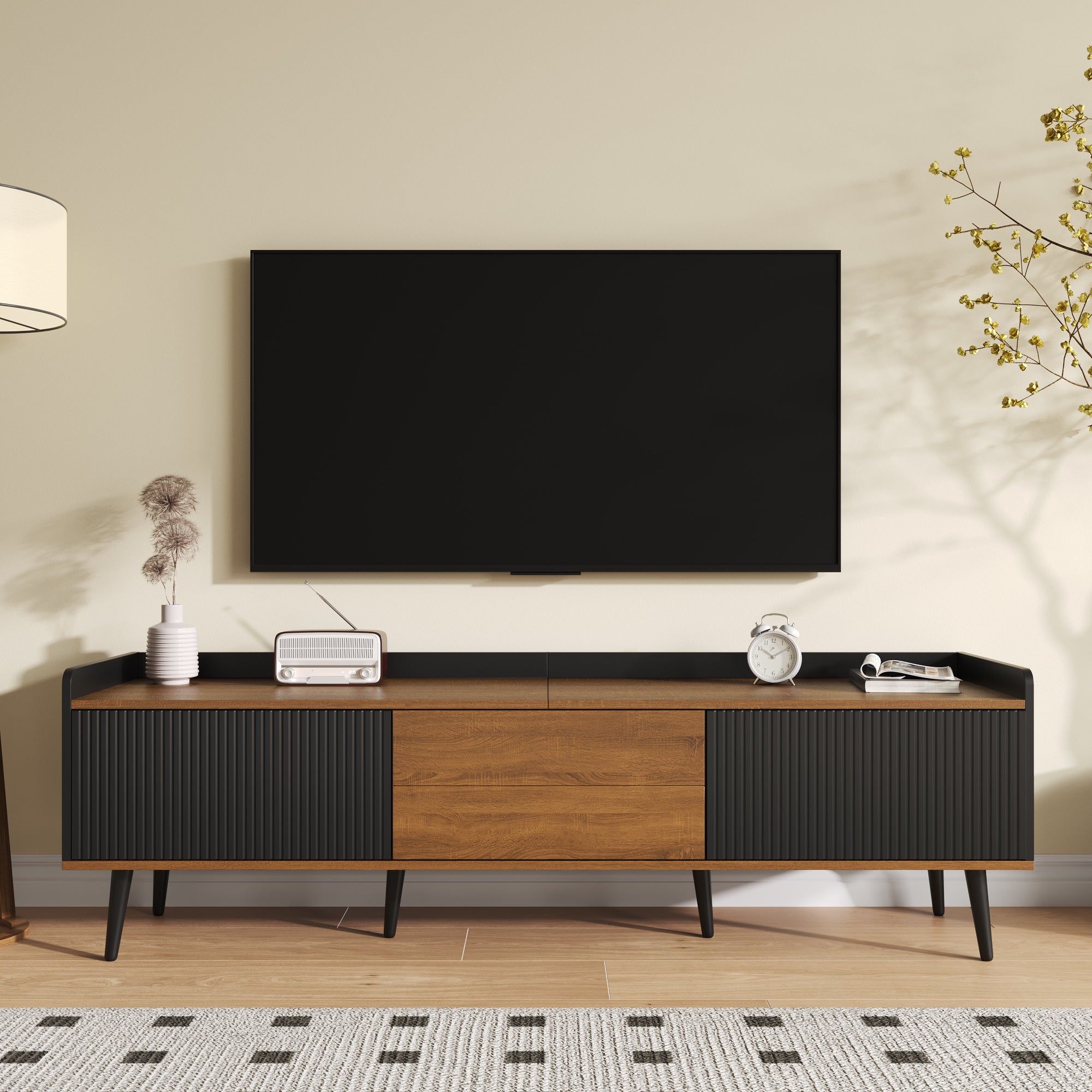 Meuble TV, meuble bas trois portes. Construction compacte. Finitions noir et bois naturel, 49.5*160* 39cm - 2