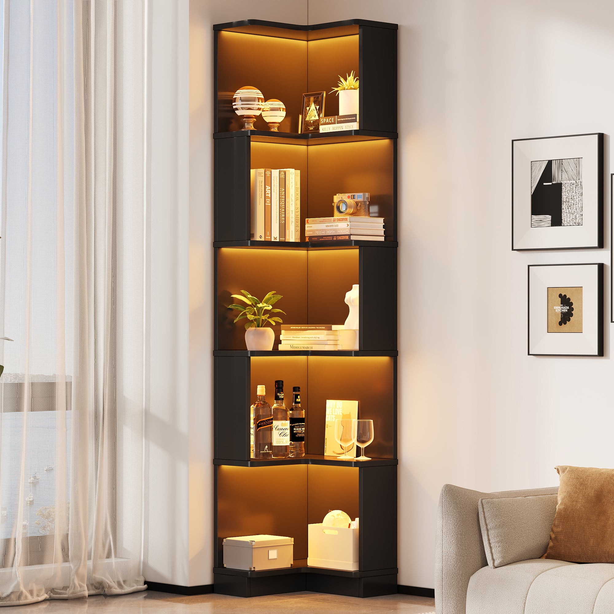 Regał narożny 63,5 x 45 x 175 cm - W kształcie litery L - Oświetlenie LED - 5 poziomów przechowywania - Płyta MDF - Czarny