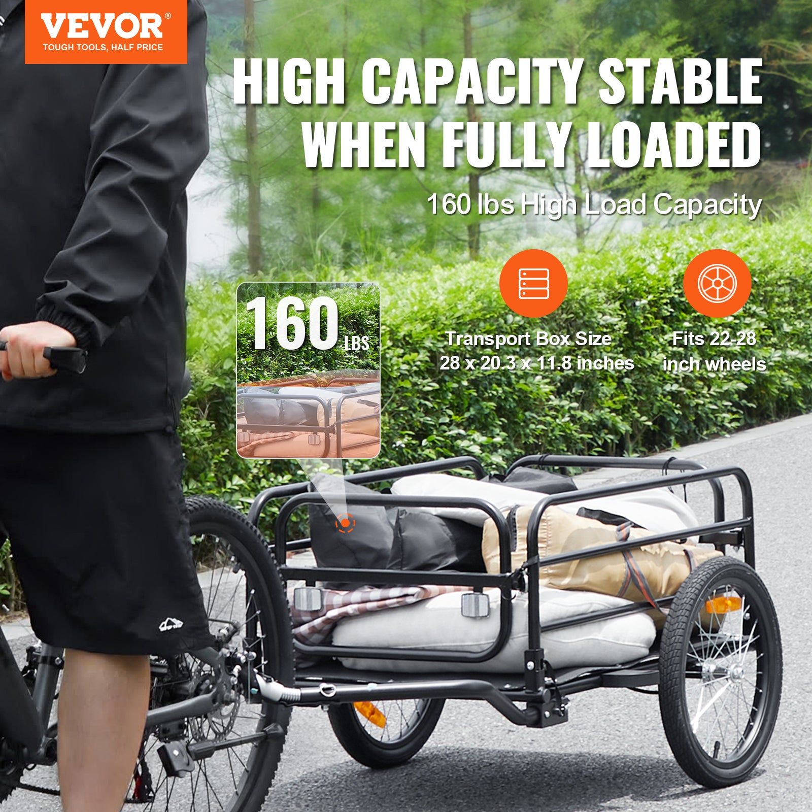 Remorque de vélo,VEVOR capacité de charge de 72,5 kg,chariot de vélo,rangement compact pliable et dégagement rapide avec attelage,roues de 406 mm, - 2