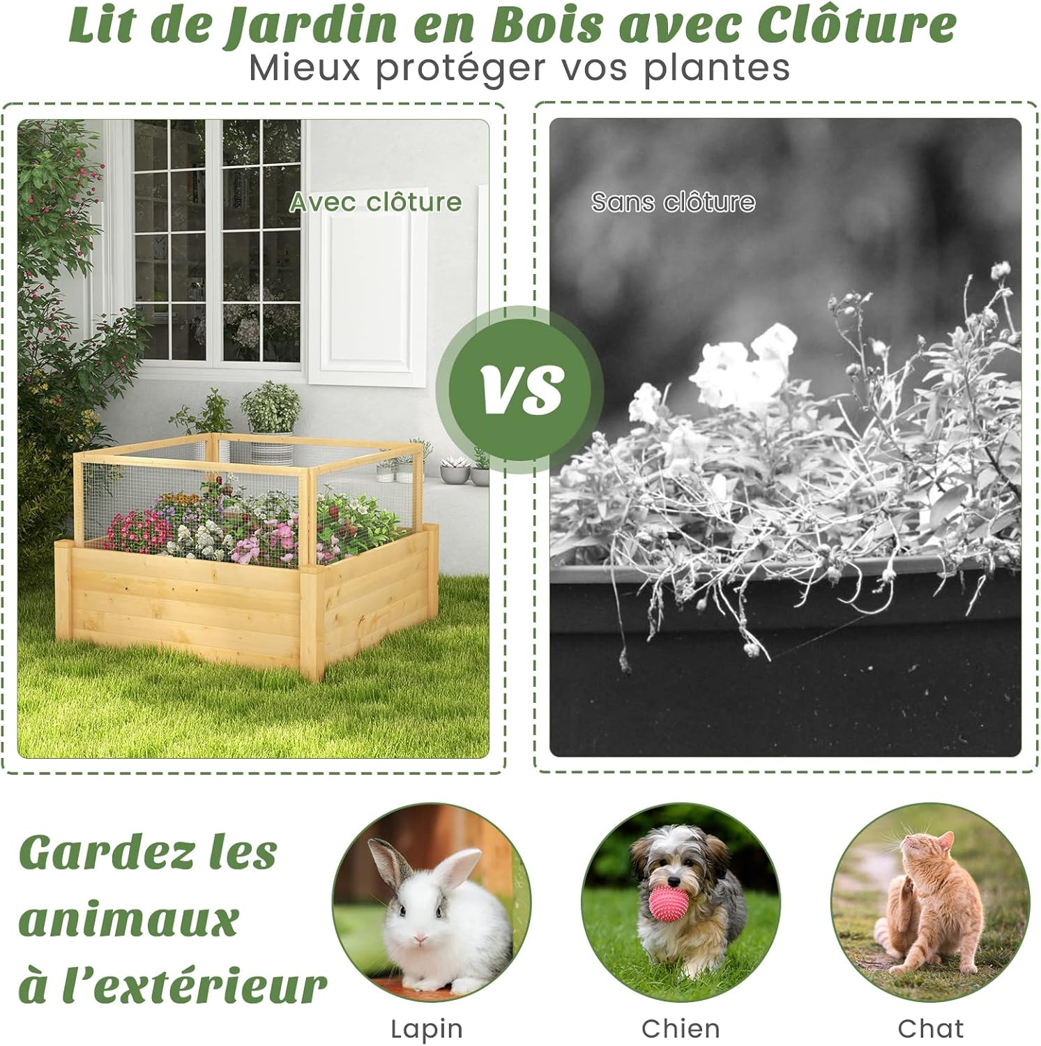 Fioriera Rialzata con Recinto Anti-Animali e Griglia di Coltivazione, Letto Elevato da Giardino per Fiori, Verdure, Frutta ed Erbe, 107 x 107 - 2