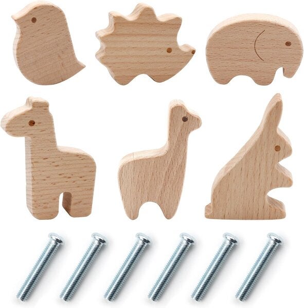 Set de 6 mânere din lemn cu motive de animale, mânere decorative pentru camere de copii și comode. 6buc