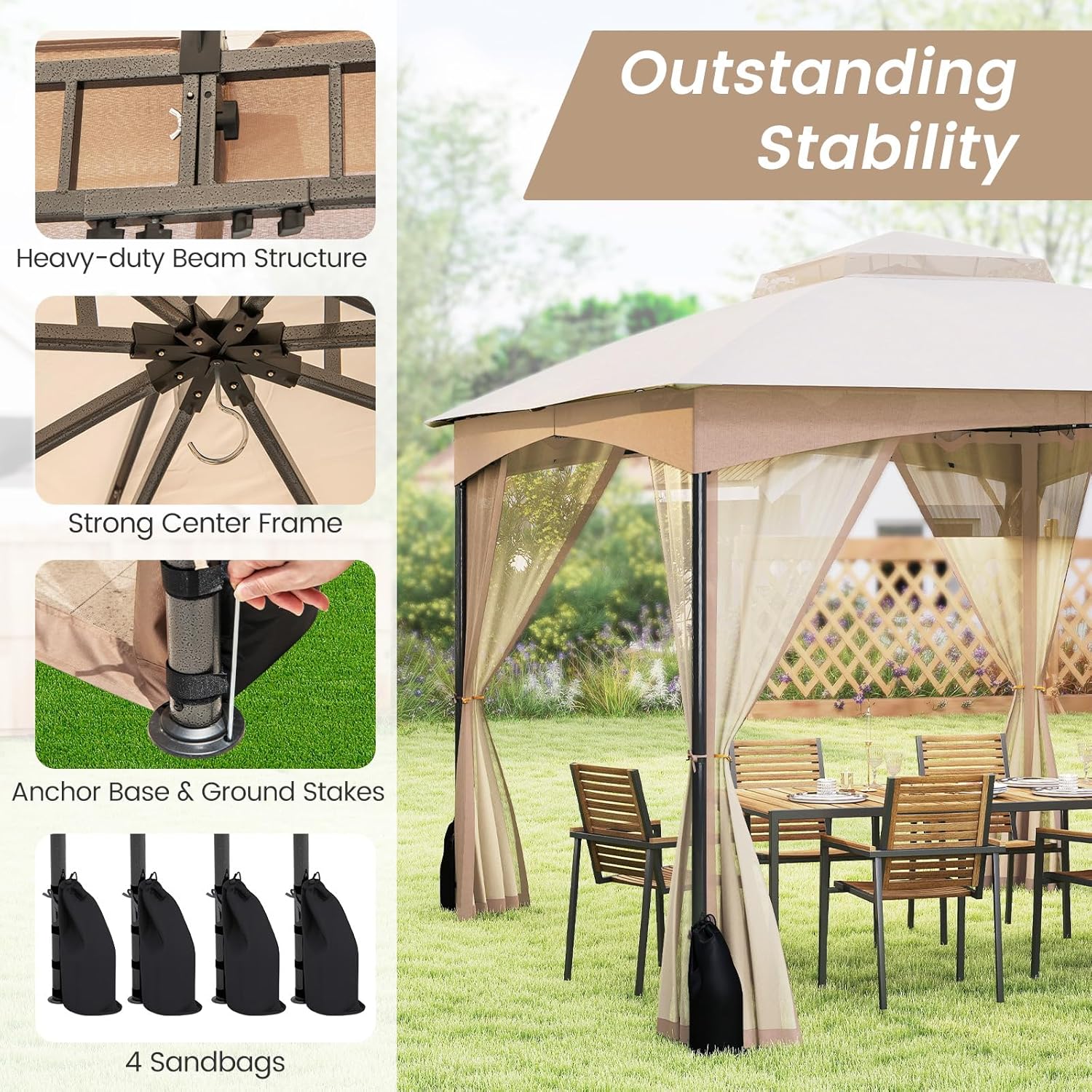 Tonnelle de Jardin Extérieur 3 x 3,6 m avec Moustiquaire, Lestage, Poids, Pergola Jardin, Toit Double Ventilé, Piquets de Sol, 4 Sacs de Sable, Beige - 4