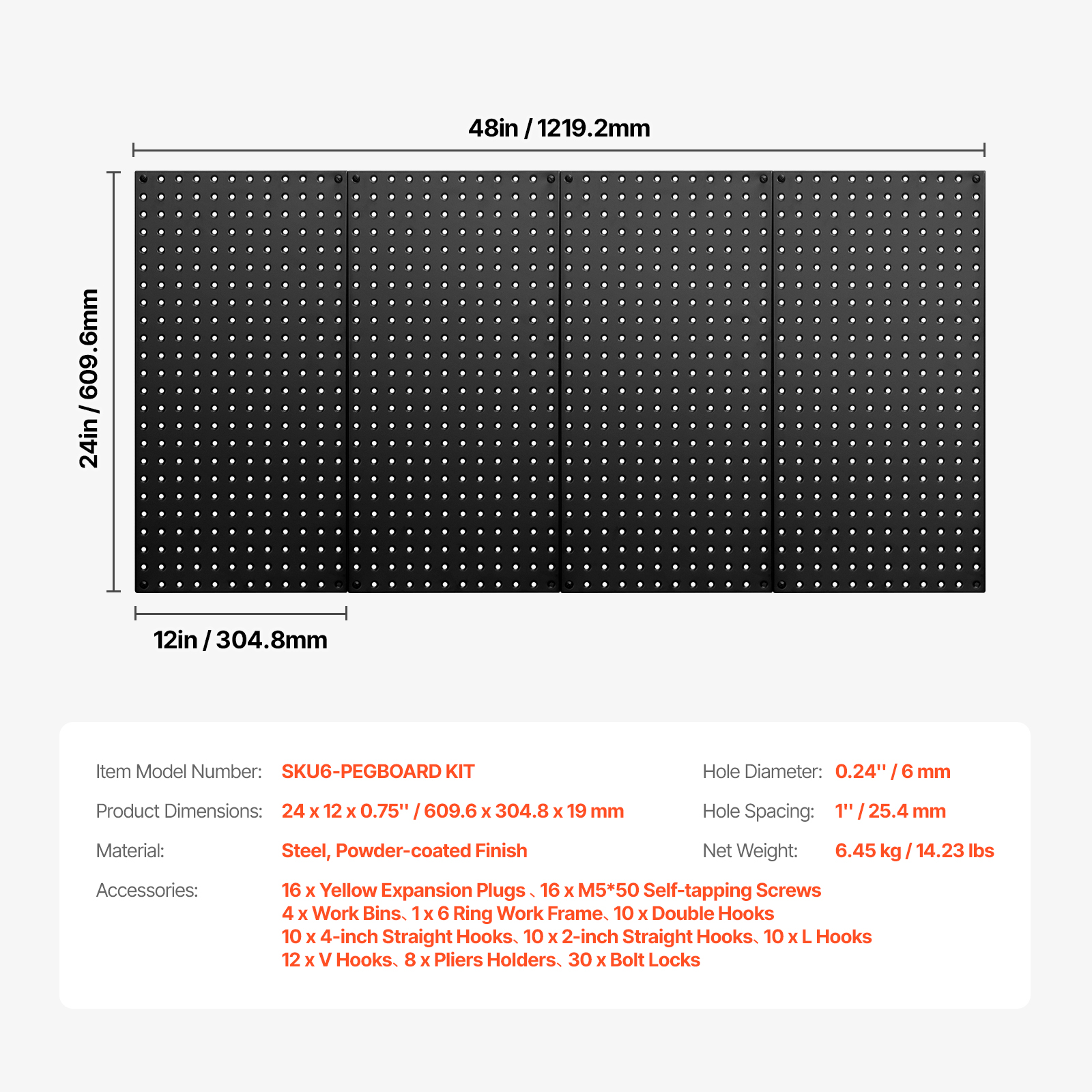 Painel Perfurado Parede VEVOR 609,6x304,8 mm Organizador Garagem Metal Resistente 4 Painéis Acessórios Kit Armazenamento Ferramentas Artesanato Casa - 7