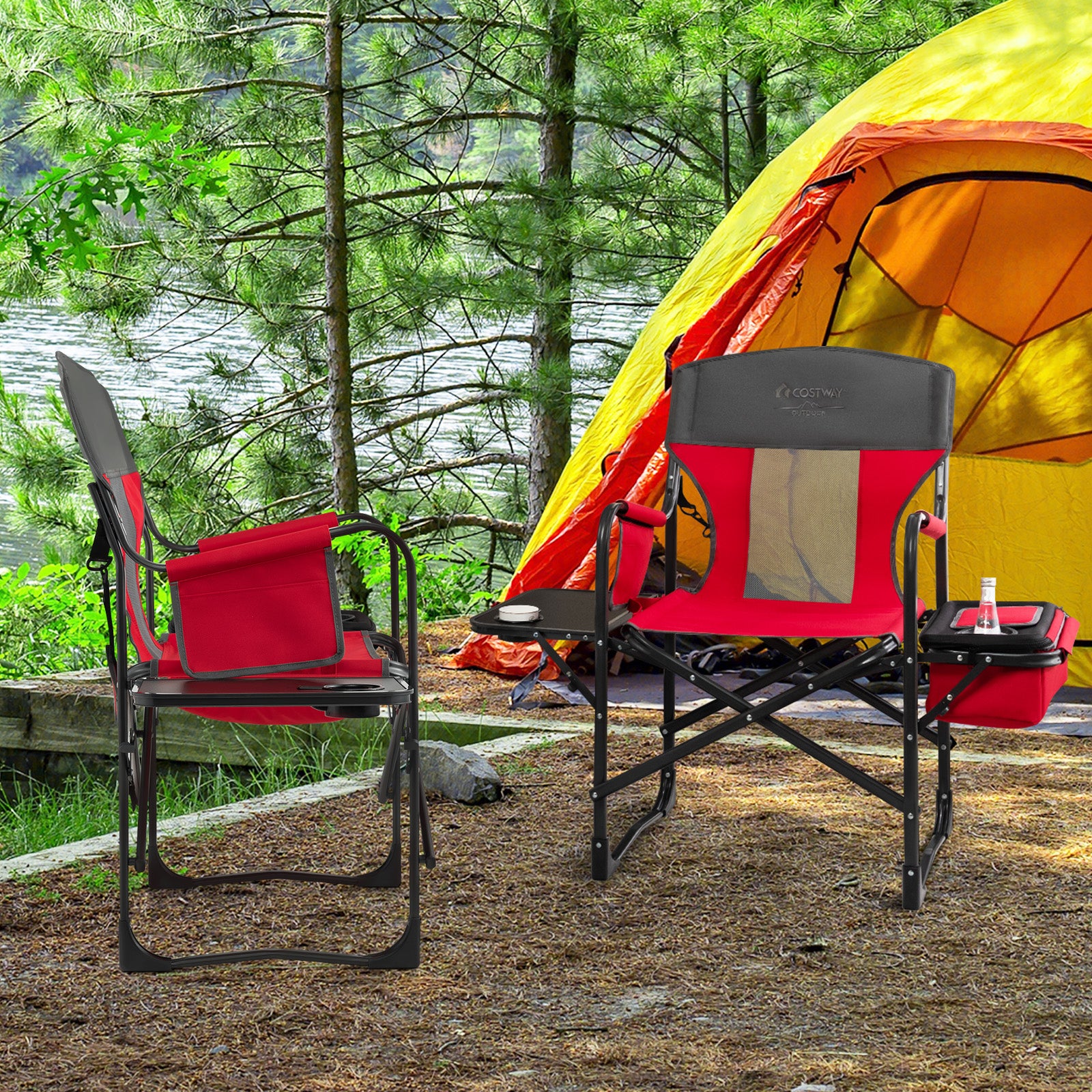 Fauteuil De Pêche Et Camping Rouge Pliable Avec Porte-Gobelet Et Sac De Transport