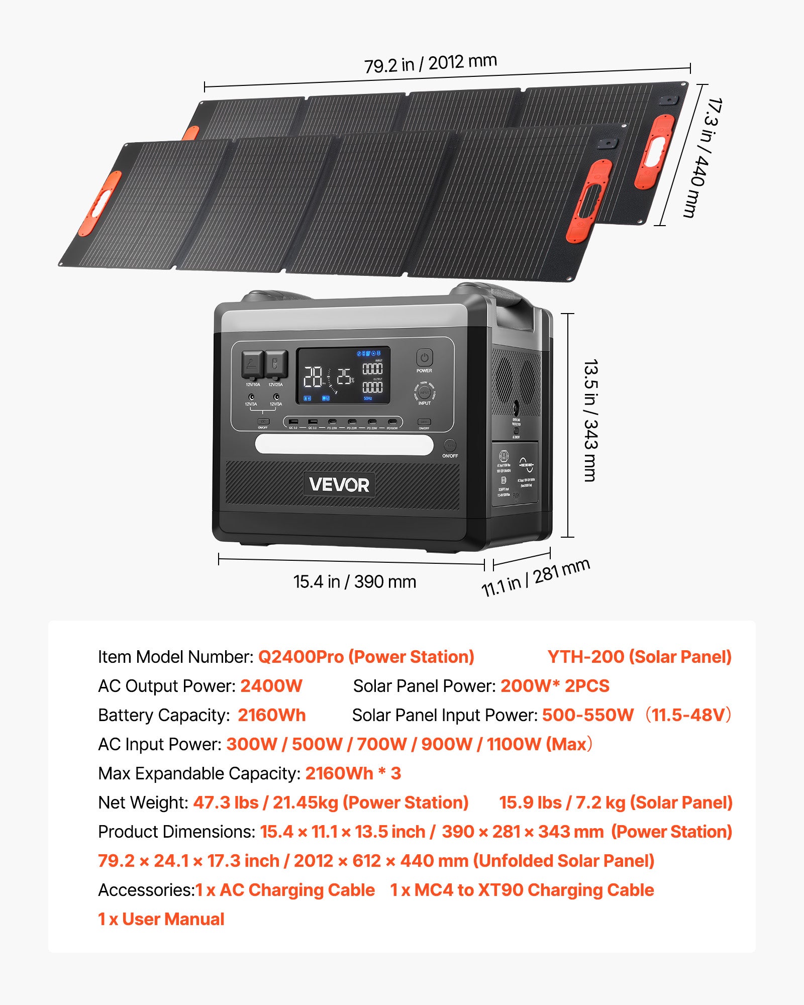 Estação energia VEVOR 2160 Wh Gerador solar portátil 2400 W 2 painéis solares dobráveis ​​​​200 W, 10 portas de saída, potência de entrada ajustável - 7