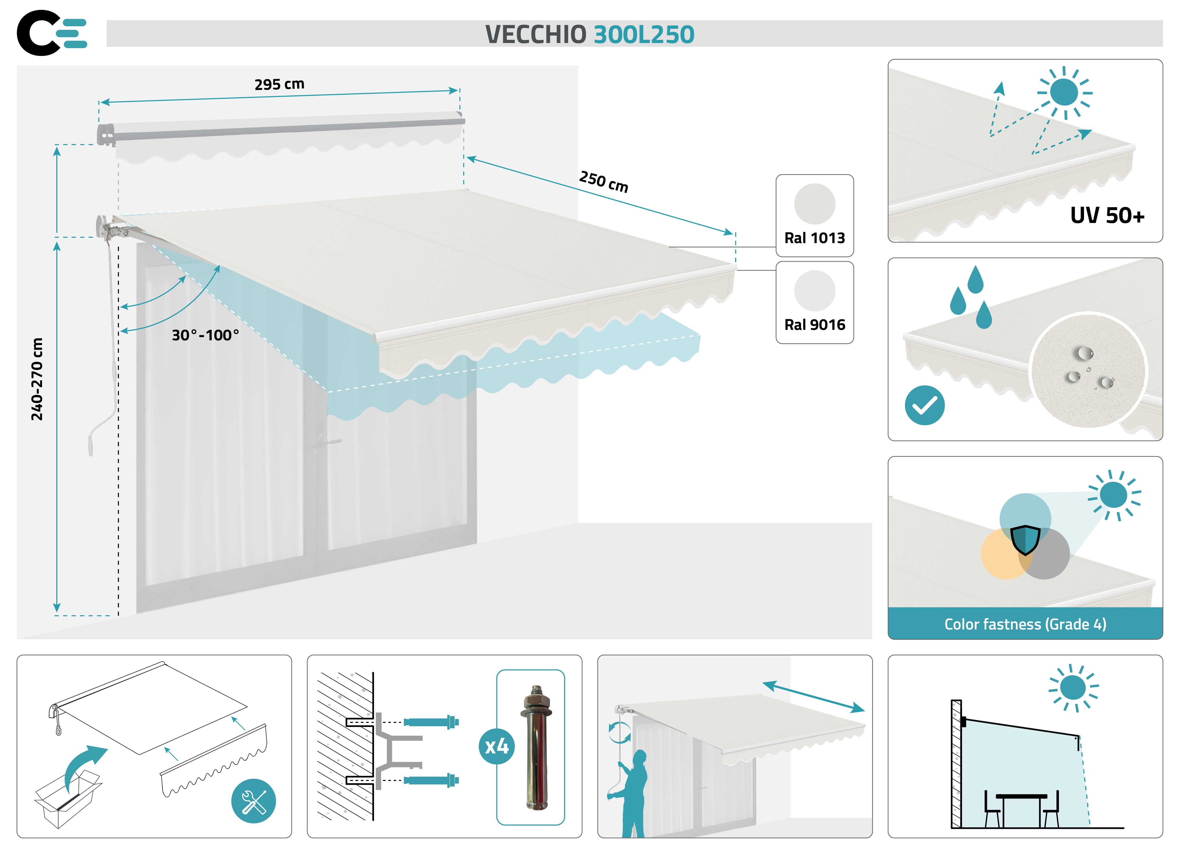 Store banne monobloc structure blanche VECCHIO 3m x 2,5m toile beige - 2