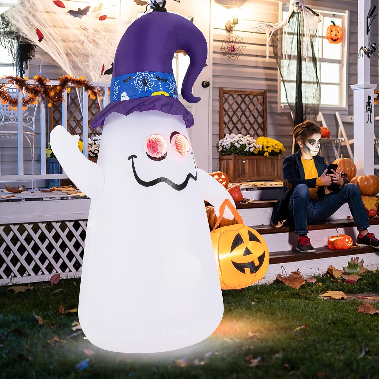 Fantôme Gonflable Halloween 4Ft (1m20) – Blanc LED – Déco Exterieur
