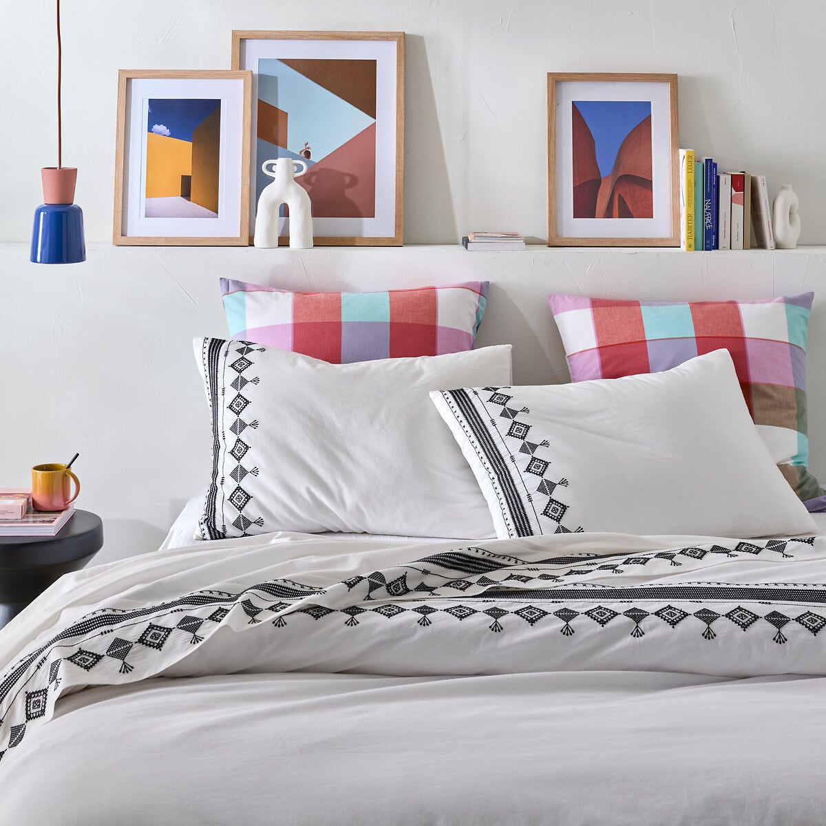 Drap plat en coton lavé, Ifrane - Blanc/noir - 180 x 290 cm - 2