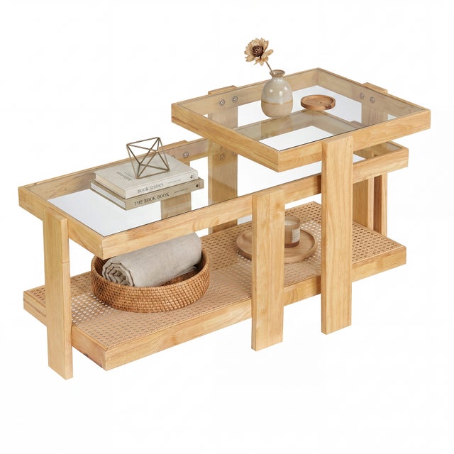 Lot de 2 Tables Basses Gigognes, Table Basse Rectangulaire 2 Niveaux Style Bohème en Rotin PE avec Plateau en Verre Trempé, Cadre en Bois d'Hévéa