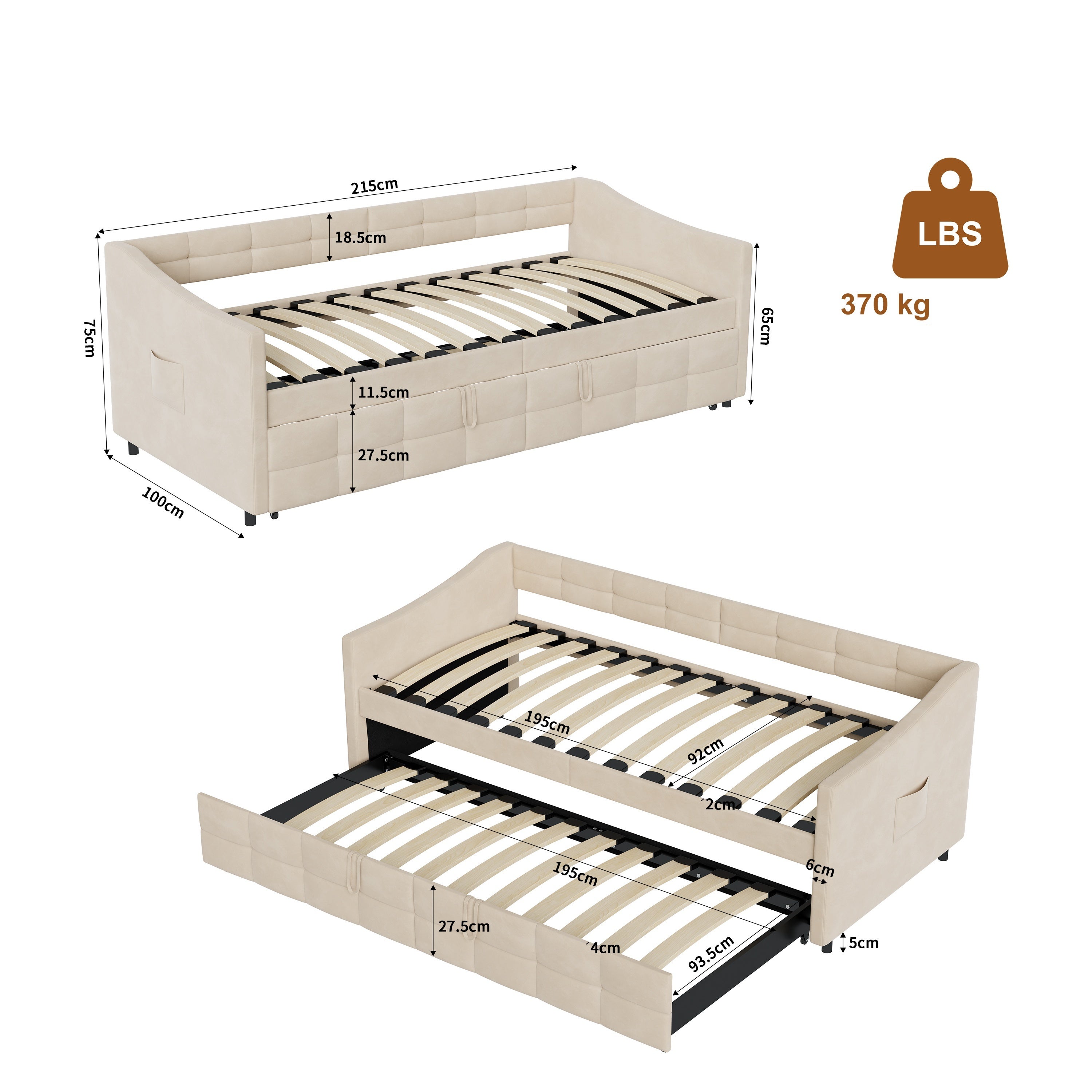 Lit gigogne 90x190/200 cm - avec poches latérales - accoudoirs - cadre à lattes - style scandinave - canapé-lit - Beige - 5
