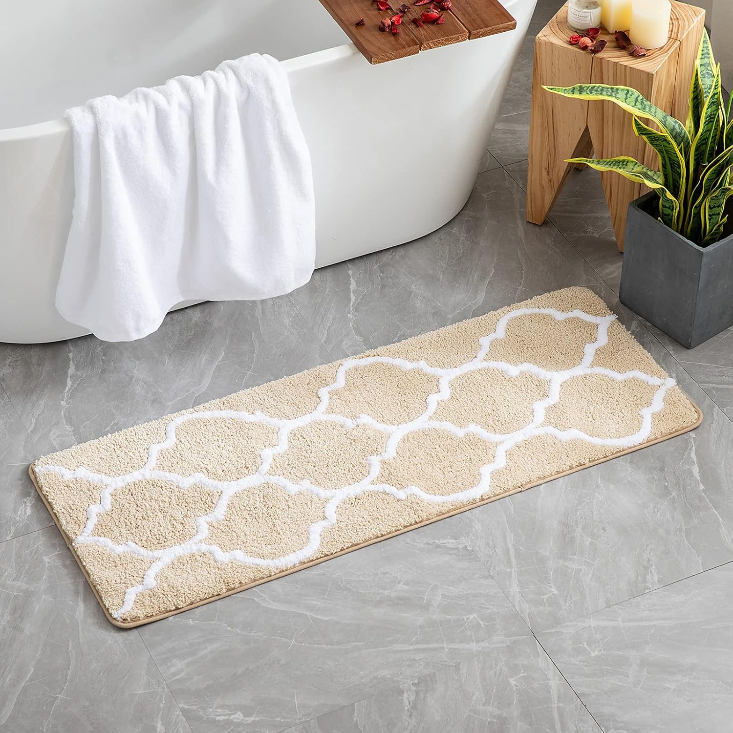 Prostokątna mata łazienkowa z marokańskim wzorem, miękka i puszysta, antypoślizgowa mata wejściowa z mikrofibry, 45 x 120 cm, khaki