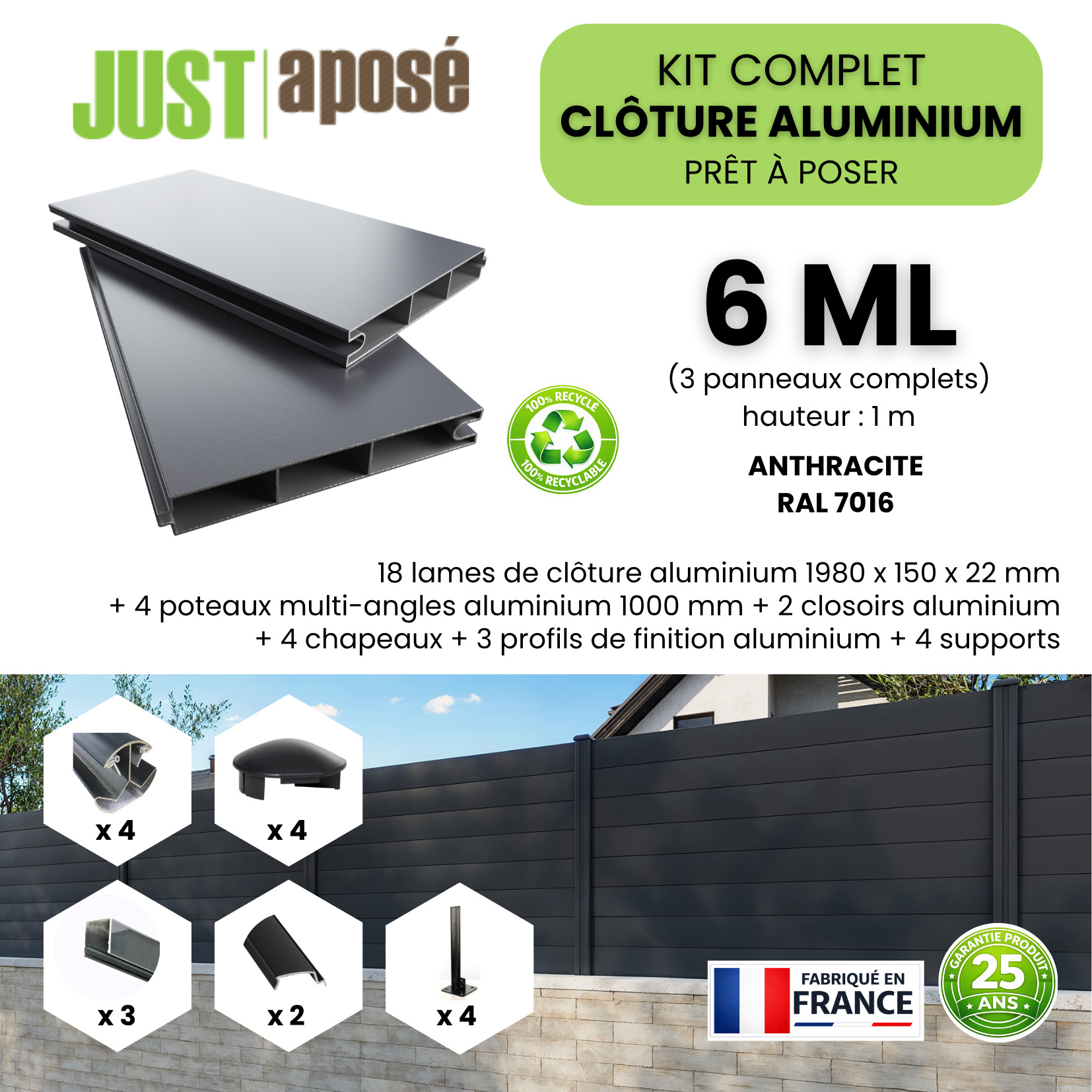 Kit complet clôture aluminium - 3 panneaux complets - 6 x 1 m - Prêt à poser - Anthracite - 4