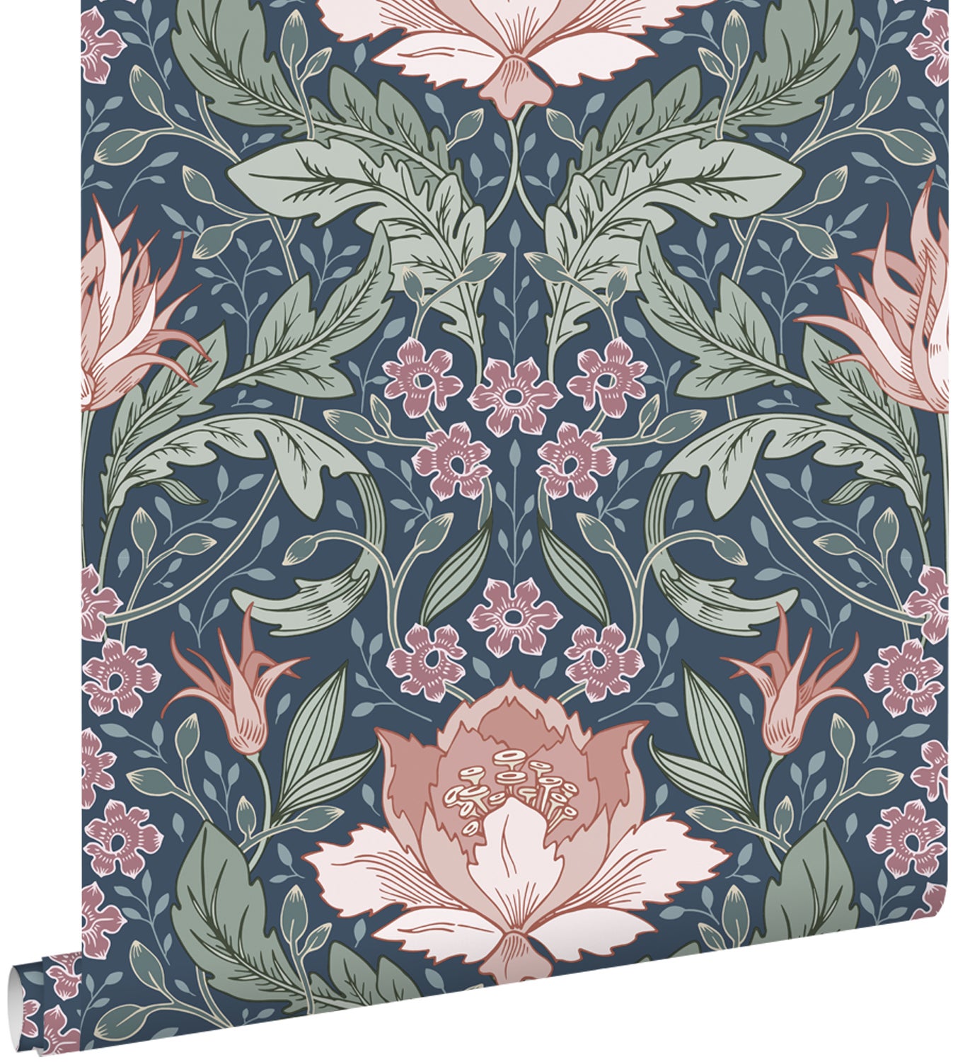 Tapeta vintage kwiaty w stylu secesyjnym niebieskim,zielonymIterakoty różowej - 50 x 900 cm - ESTAHOME
