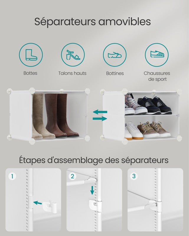 Étagère à Chaussures, Rangement pour Chaussures à 10 Compartiments, pour Vestiaire, Entrée, pour 40 Paires, Modulable, Blanc Nuage - 3