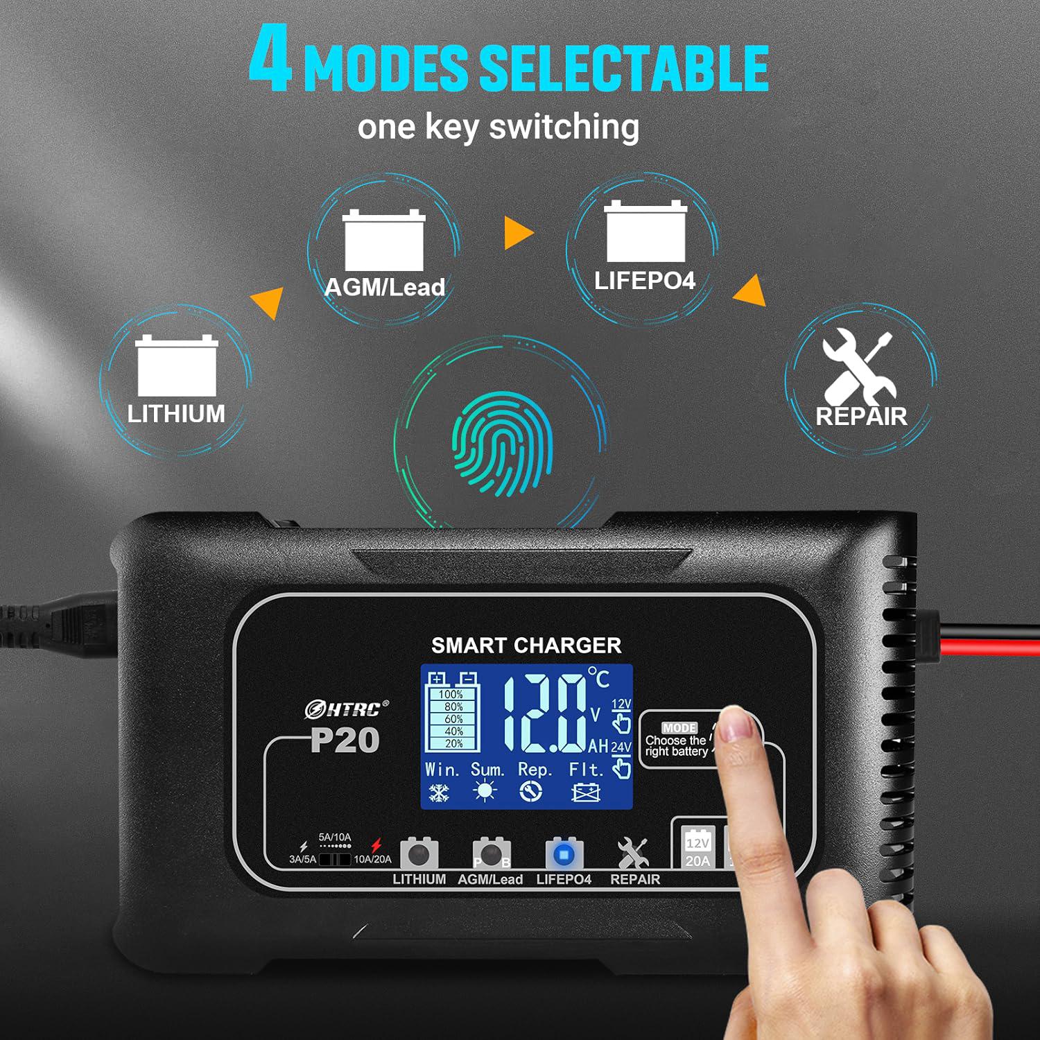 Chargeur Batterie Voiture Intelligent HTRC 25A 12V/24V – Pour Plomb-Acide, Lithium, LiFePO4 – Mode Réparation + Écran LCD