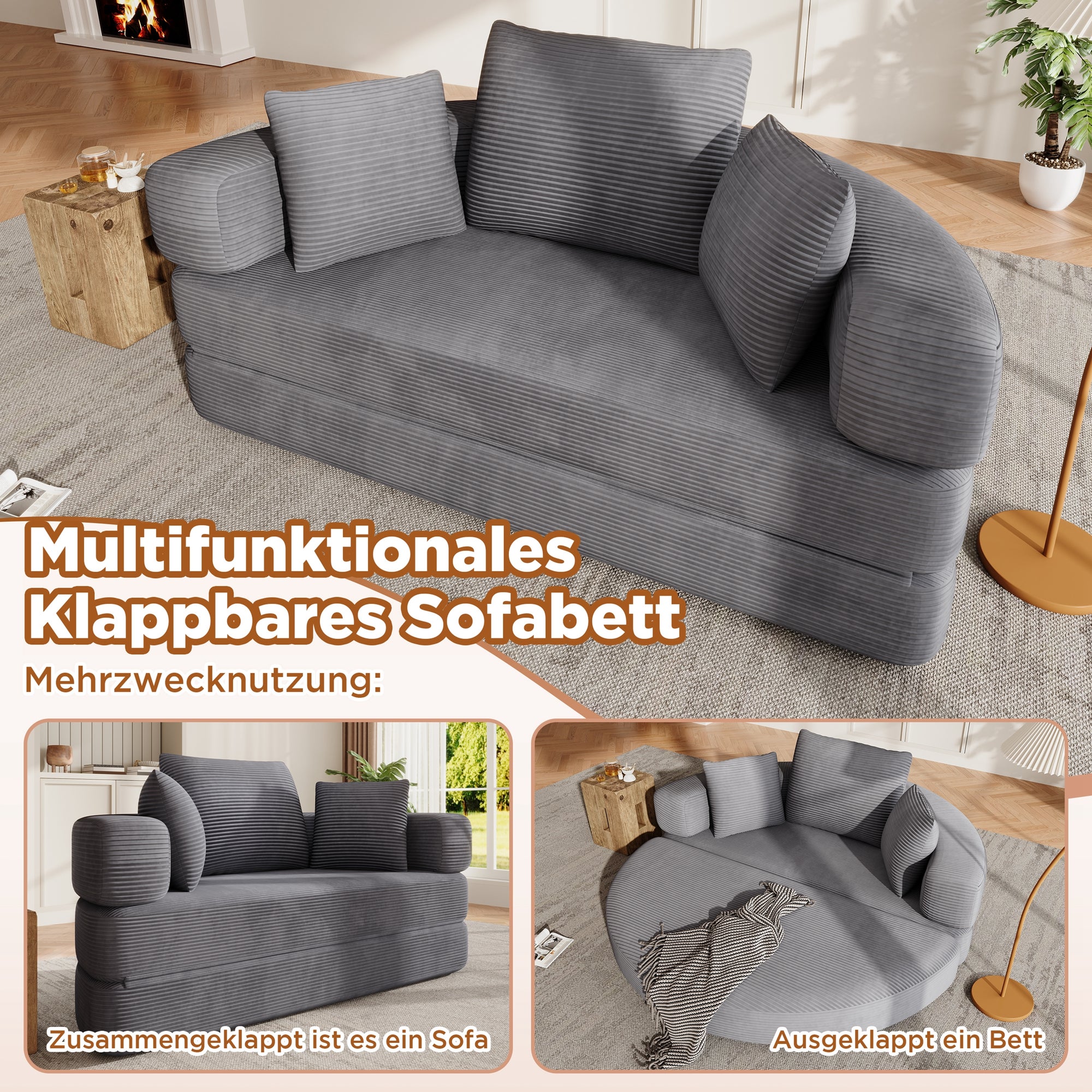 Canapé convertible 2 places rond multifonctionnel, canapé lit pliant en velours côtelé avec 3 coussins, canapé modulaire (173 x 176 cm) - Gris - 3