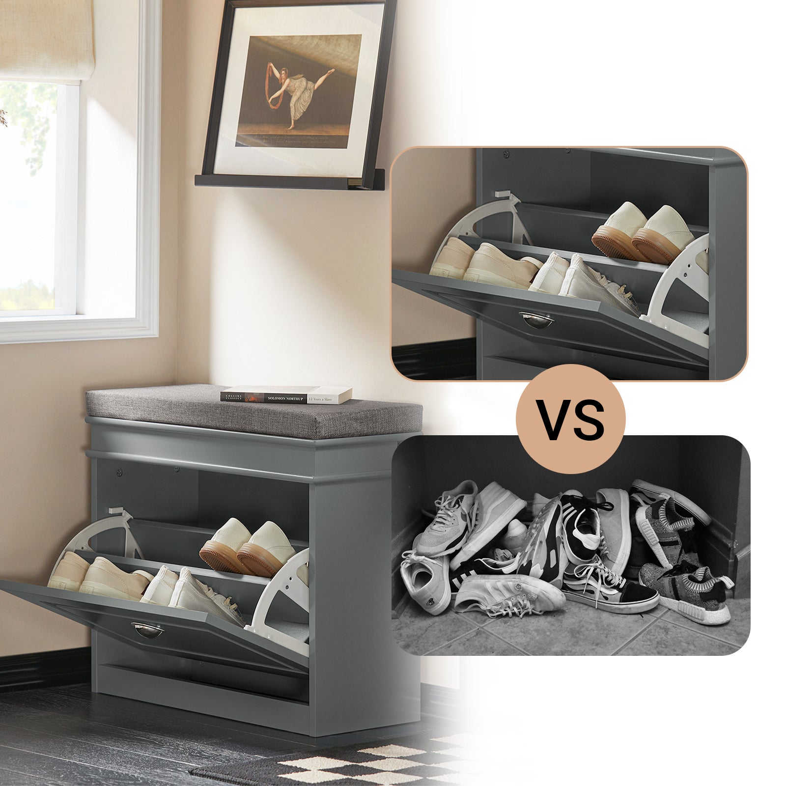 SoBuy Banc à Chaussures avec Coussin Rembourré, 1 Abattant, 4 Paires, Gris, FSR82-K-HG - 6
