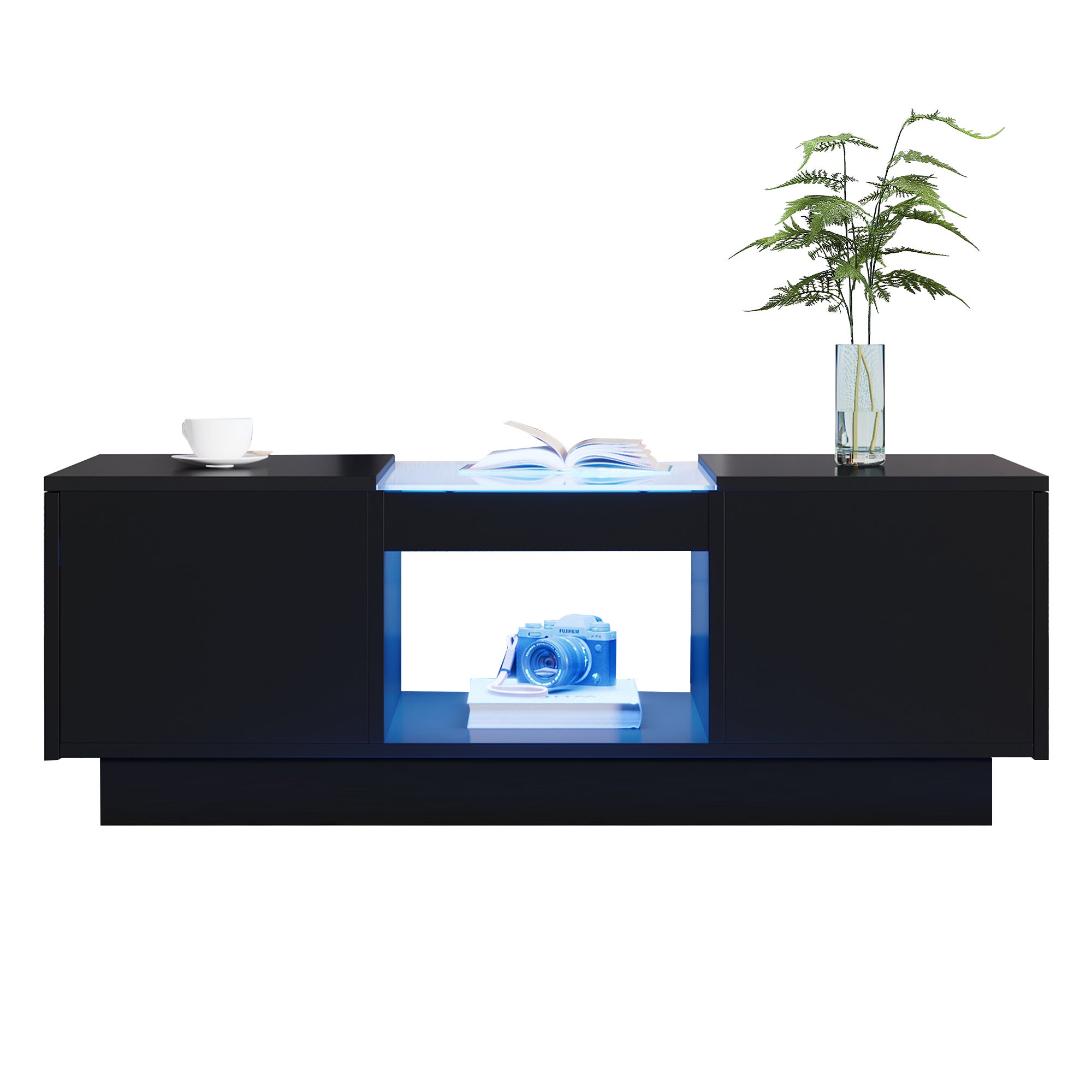 Stół kawowy czarny 100x50x35,5 cm - z LED, sterowaniem APP, 2 szuflady, szklana powierzchnia - 9