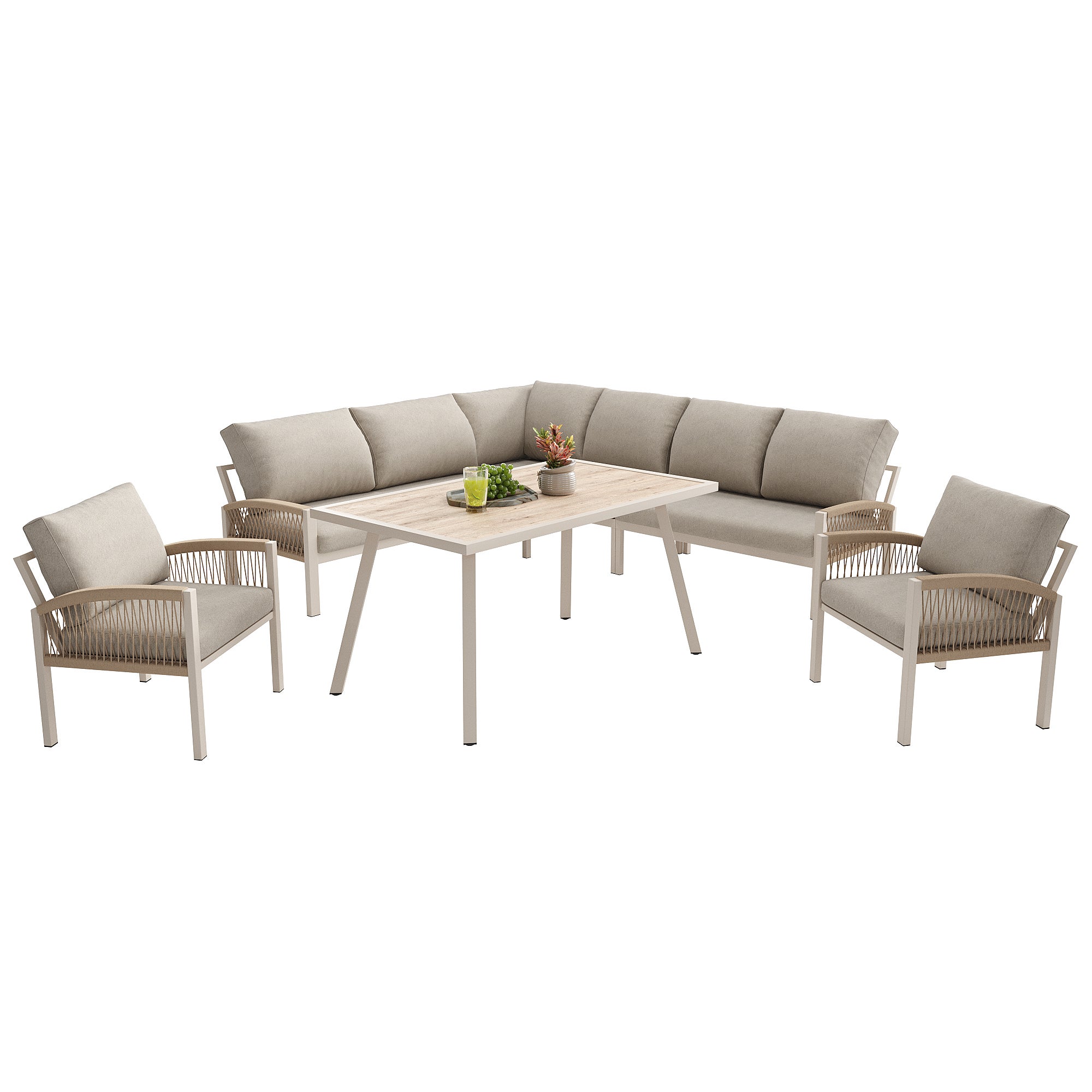 Ensemble de mobilier de jardin extérieur en L en fer pour 8 places avec coussins | 3 canapés + 2 fauteuils en rotin PE + Table en verre- Beige - 5