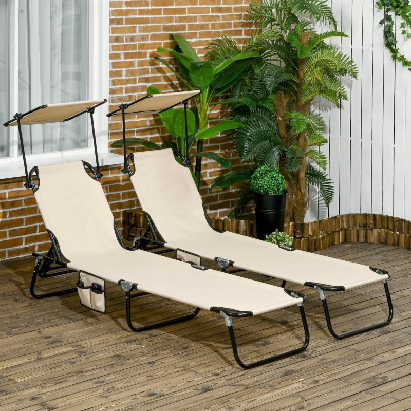 Ensemble de 2 chaises longues pliantes, chaises longues de jardin avec pare-soleil, dossier réglable en hauteur sur 5 positions - 2