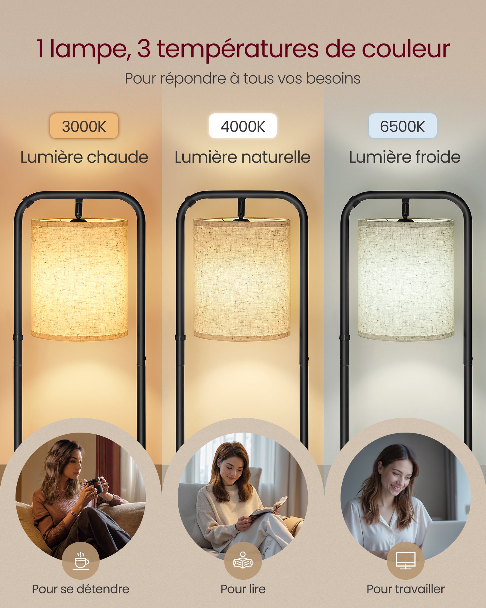 VASAGLE Lampadaire sur Pied, avec 3 Étagères, Lampe sur Pied, Ampoule LED Incluse, avec Interrupteur, Abat-Jour en Tissu, Noir d'Encre - 3