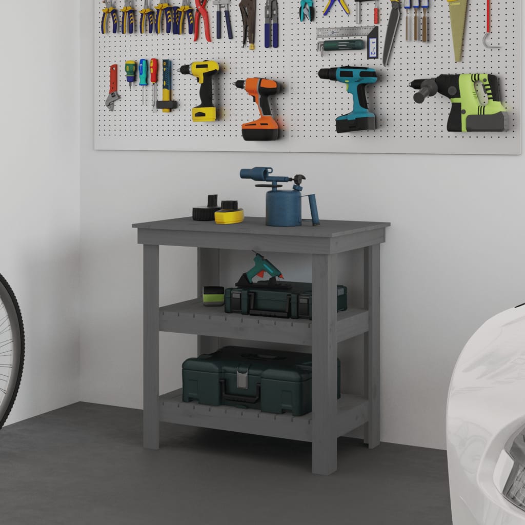 Banco Da Lavoro In Legno Di Pino Massello 80x50x80 Cm - Con Mensola, Grigio, Per Garage O Officina