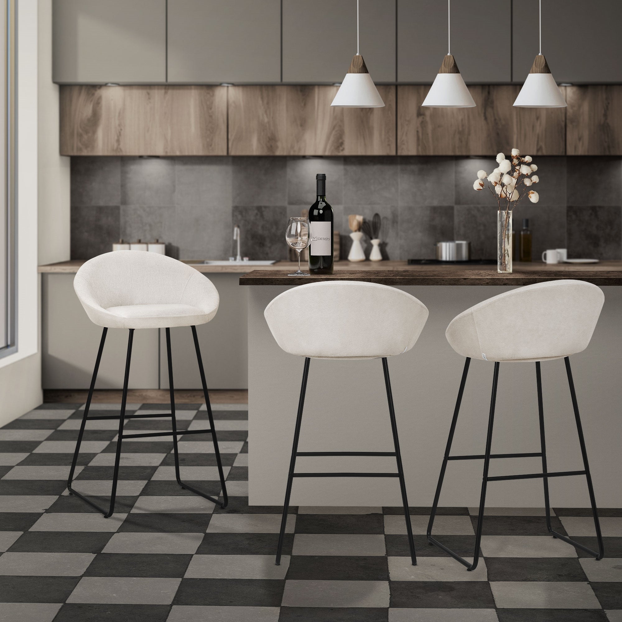 ML-Design zestaw 2 hokerów barowych beżowy 75cm tapicerowanych wygodne ergonomiczne krzesła z oparciem i podnóżkiem metalowa konstrukcja