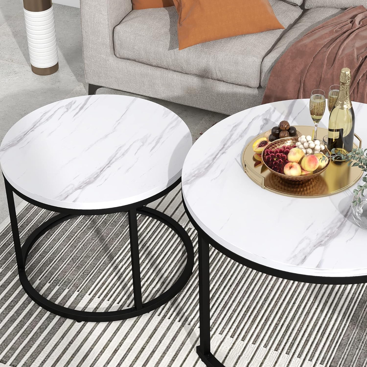 Tables Basses Gigognes Rondes 50 + 70 Cm - Design Marbre Blanc, Pieds Métal, Avec Tiroir, Salon Moderne