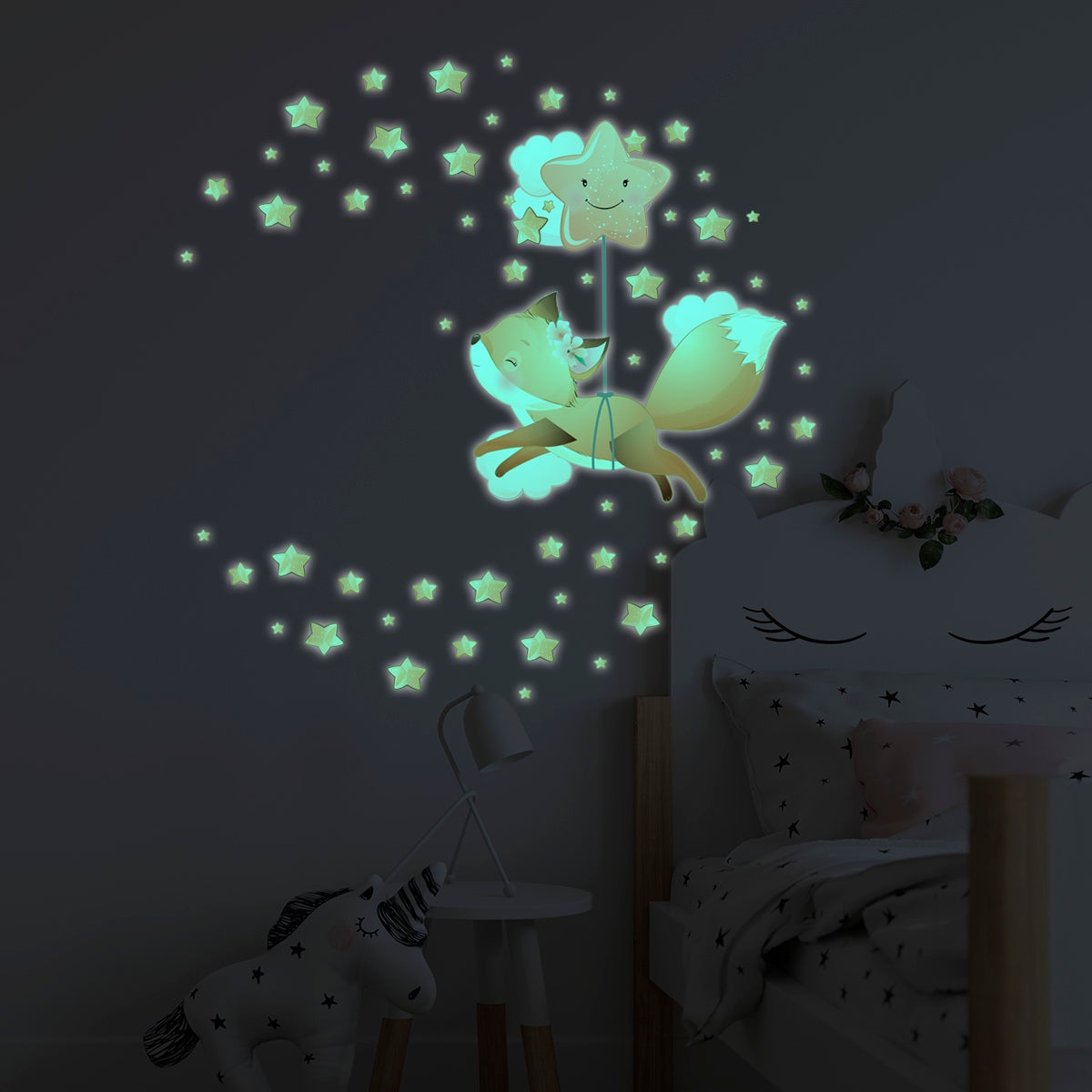 Adesivos fosforescente volpe tra le stelle + 60 stelle - Sticker adesivo - adesivi murali - 110x110cm - 6