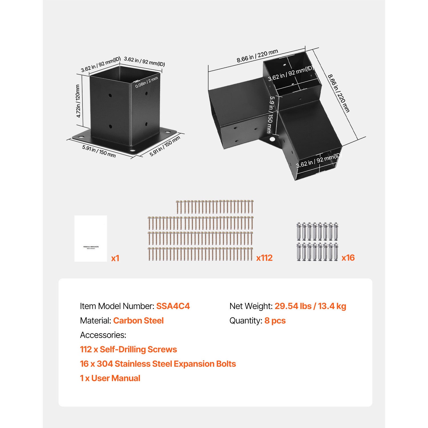 Kit SucceBuy supports pergola 8 pièces, 4 angles 3 voies, 4 bases, acier carbone, poutres bois standard, structures bois pour événements extérieurs - 7