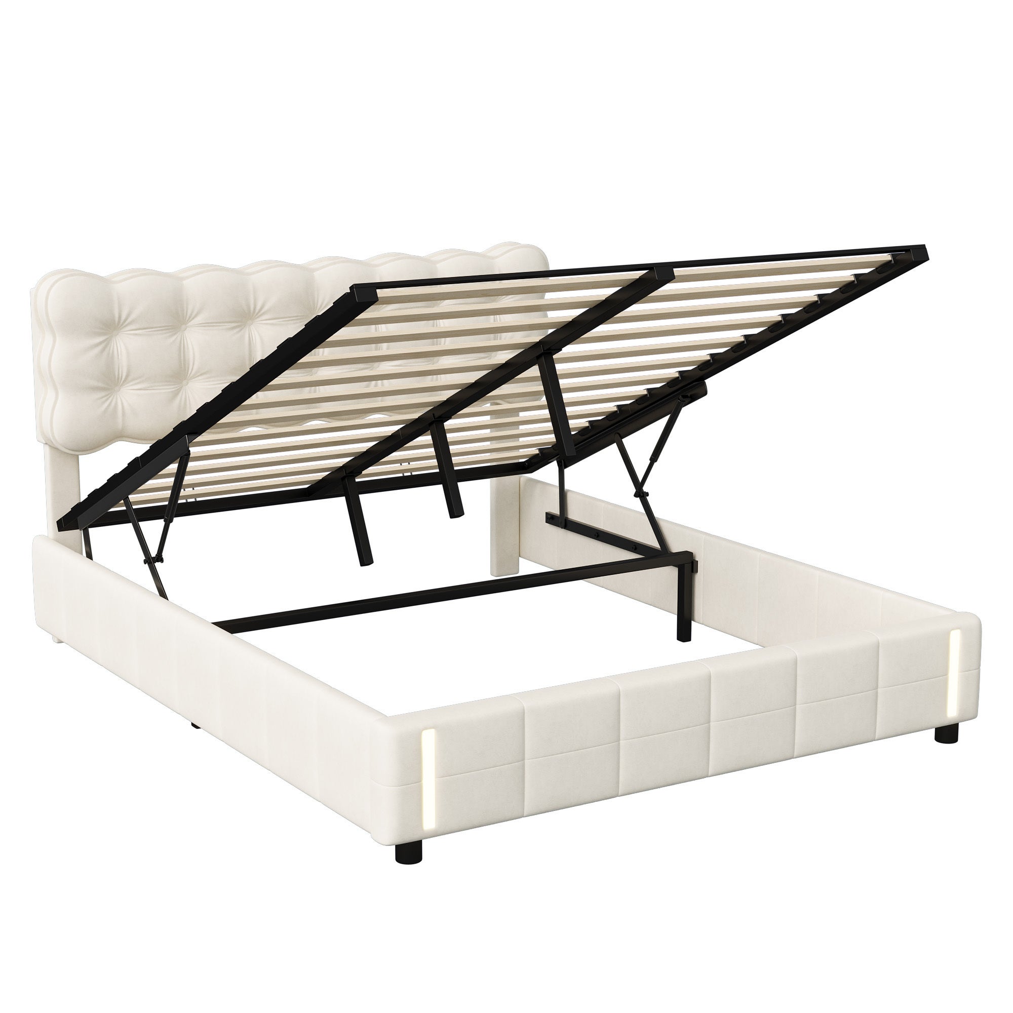Lit coffre 140x190 avec sommier, velours, rangement, lit double adulte, lumière chaude à capteur, lit capitonné style scandinave - Beige - 9