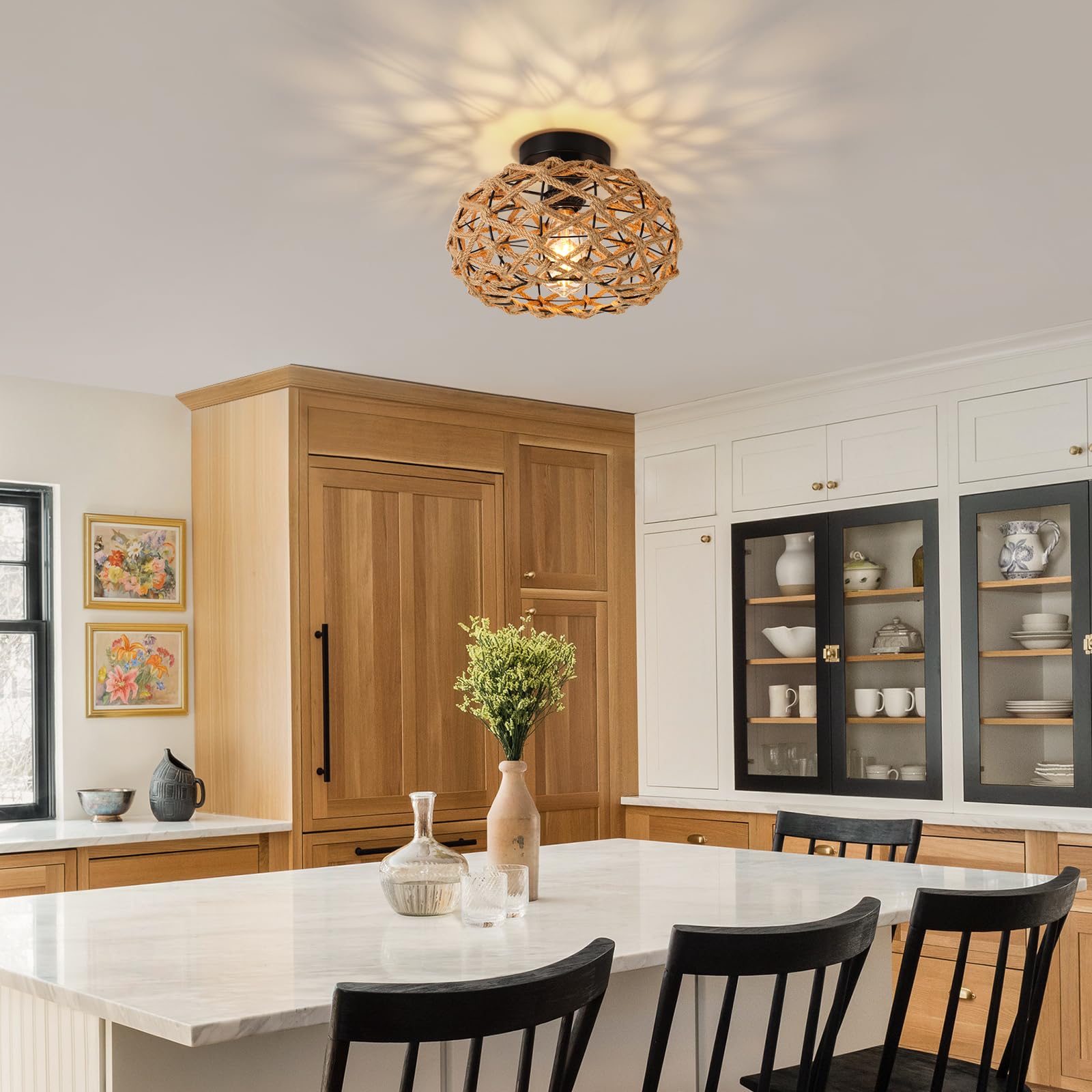 Plafonnier en rotin, lustre bohème, suspension de style industriel, lustre de plafond de style Wabi-sabi pour ferme, chambre, couloir, entrée, cuisine - 8