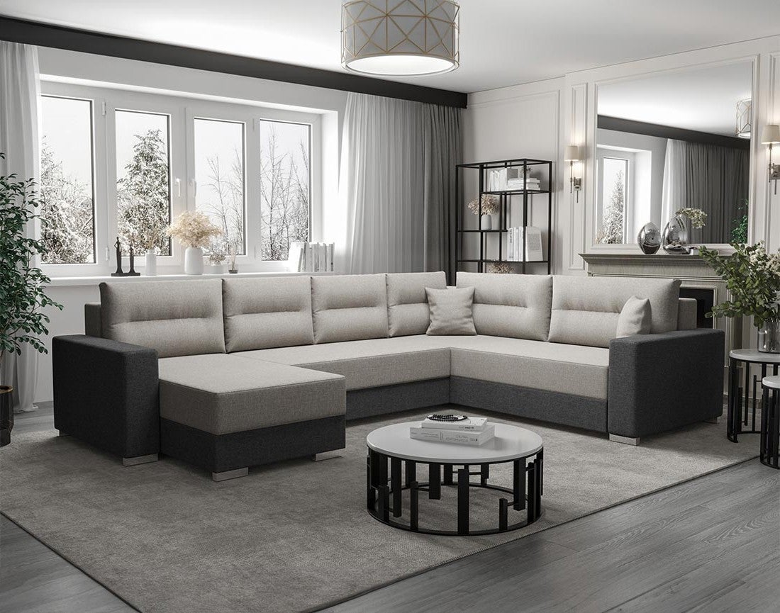 Canapé Modulable Convertible 7 Places Avec Coffre De Rangement En Tissu Boucle Ecru Harper Mod