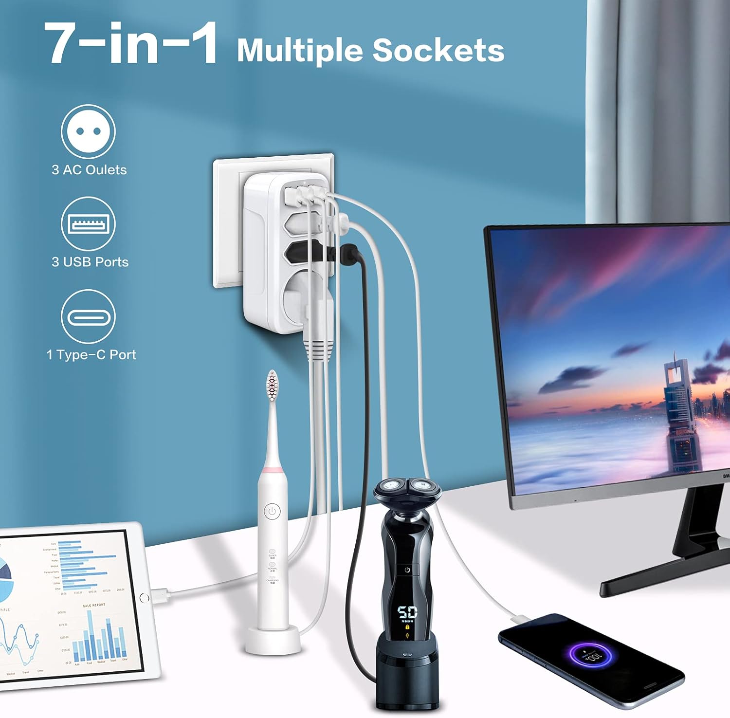 Prise Usb 7 En 1 Multiprise Avec Interrupteur, Multiprise Avec 2 Usb Et