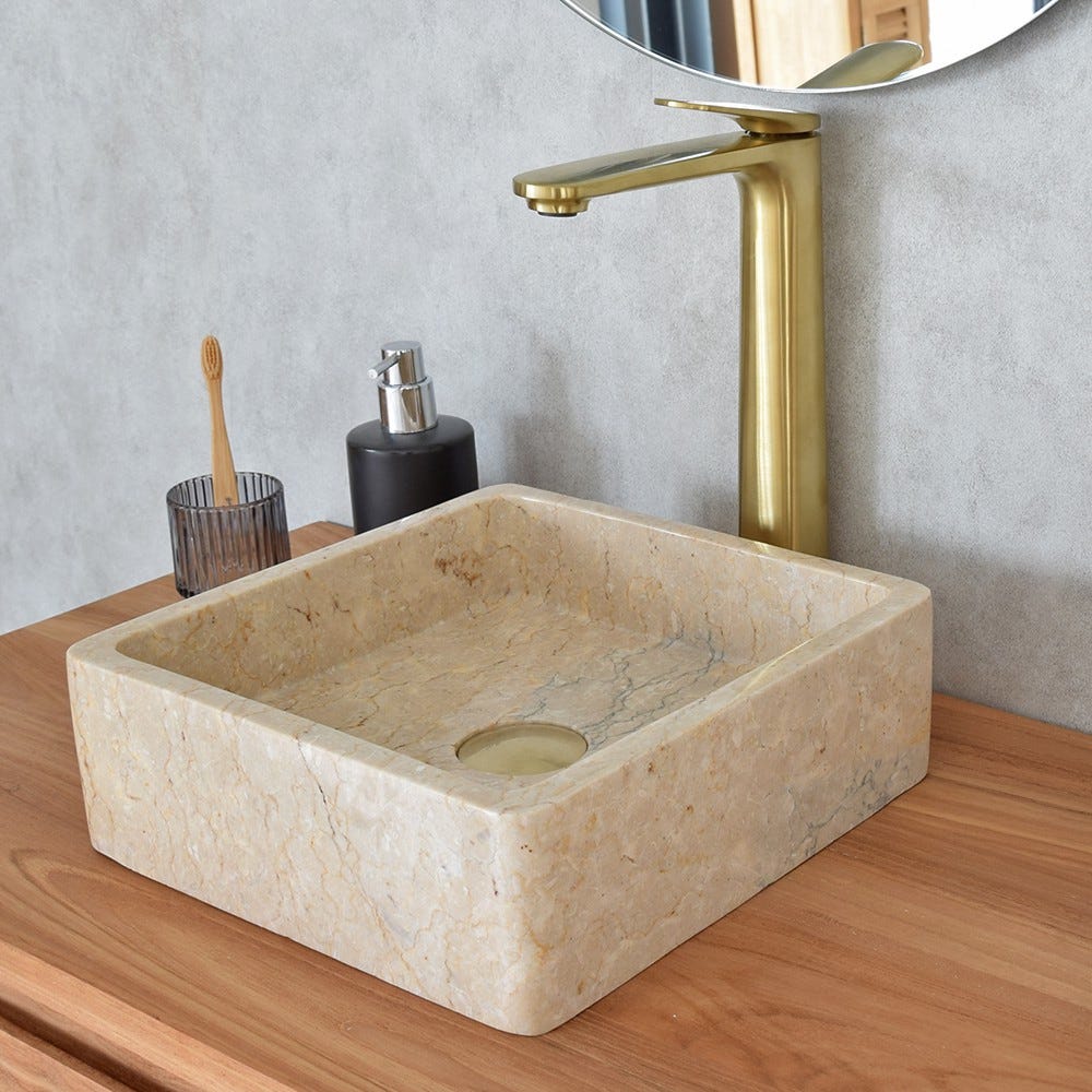 Lavabo De Mármol Crema 40x12cm - Fregadero Artesanal Para Baño O Aseo, Moderno Y Fácil De Limpiar