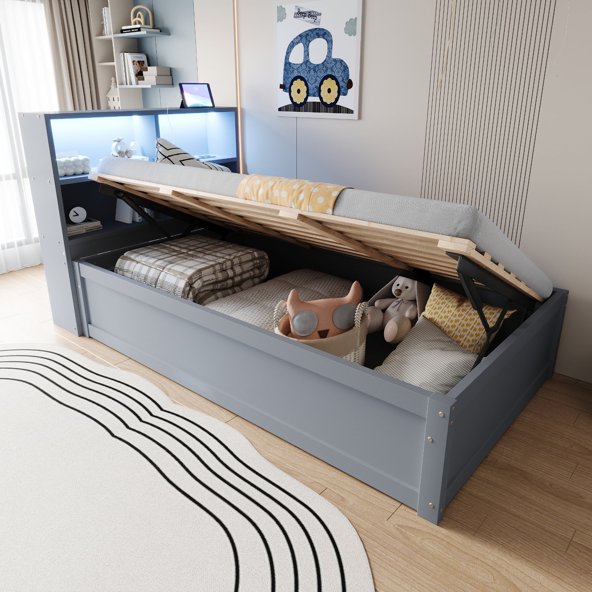 Łóżko ze schowkiem 90 x 200 cm z zagłówkiem i 2 przegródkami - Sosna + sklejka + MDF - Diody LED - Szary (Bez materaca)