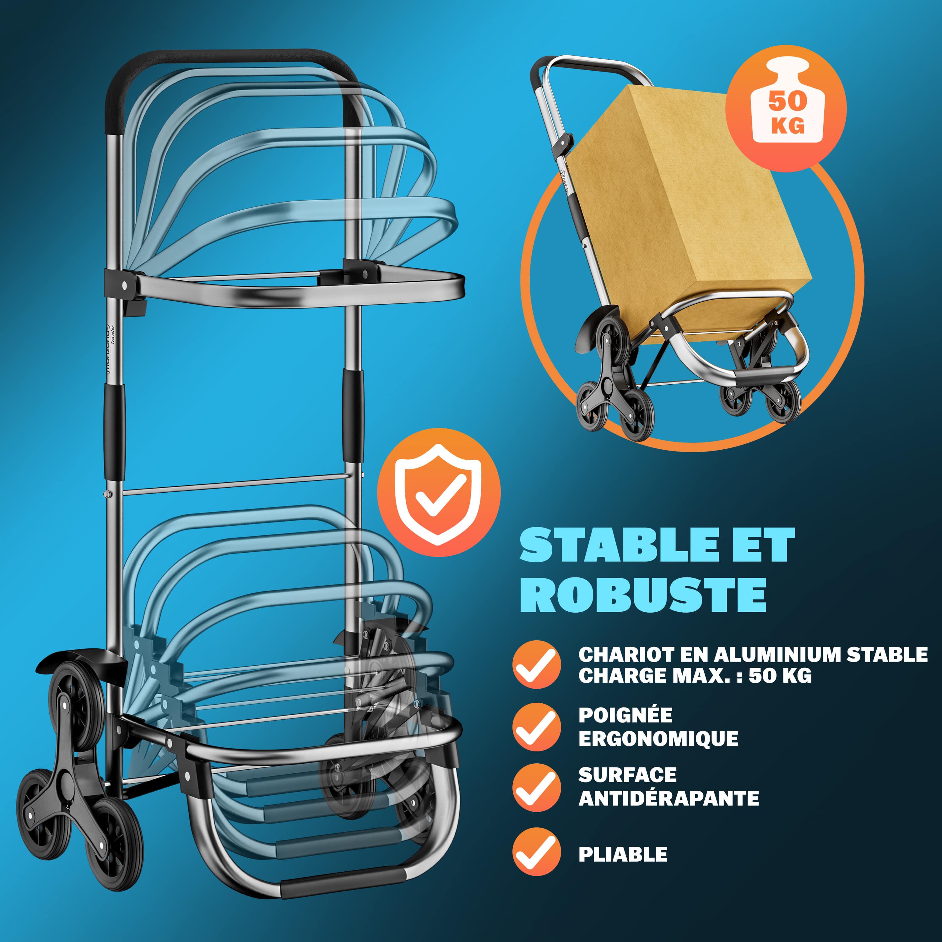 MONZANA® Chariot de courses gris merle 56 litres 3 en 1 pliable compartiment isotherme 6 roues bandes réfléchissantes - 4