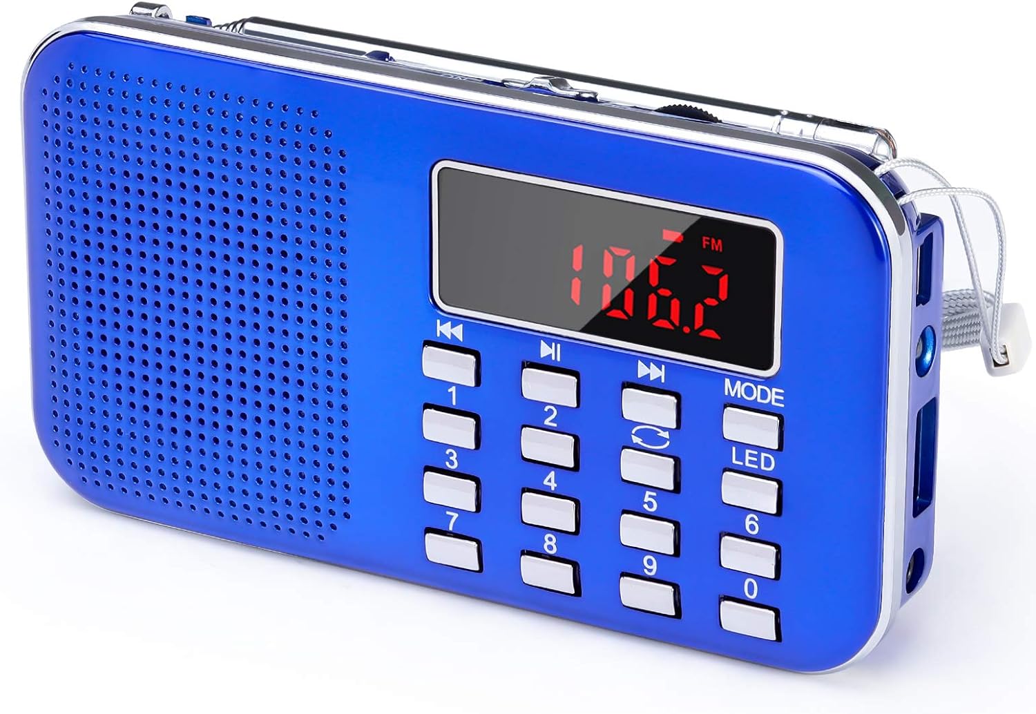 Przenośne radio FM, małe, ładowalne radio przenośne z akumulatorem 1200 mAh, radio tranzystorowe ze światłem awaryjnym, niebieskie