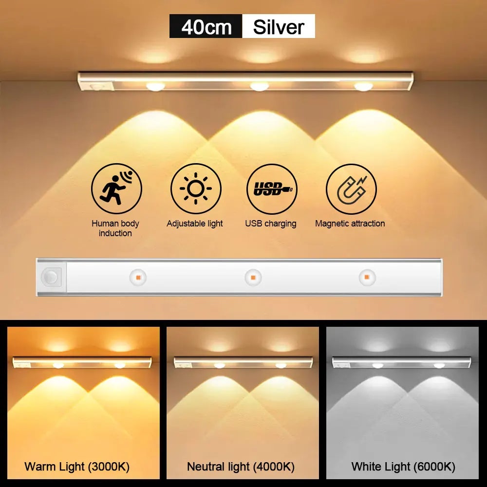 Luz debajo del gabinete con sensor de movimiento, luz de armario regulable de 40 cm, luz magnética recargable, luz nocturna de cocina, plateado - 2