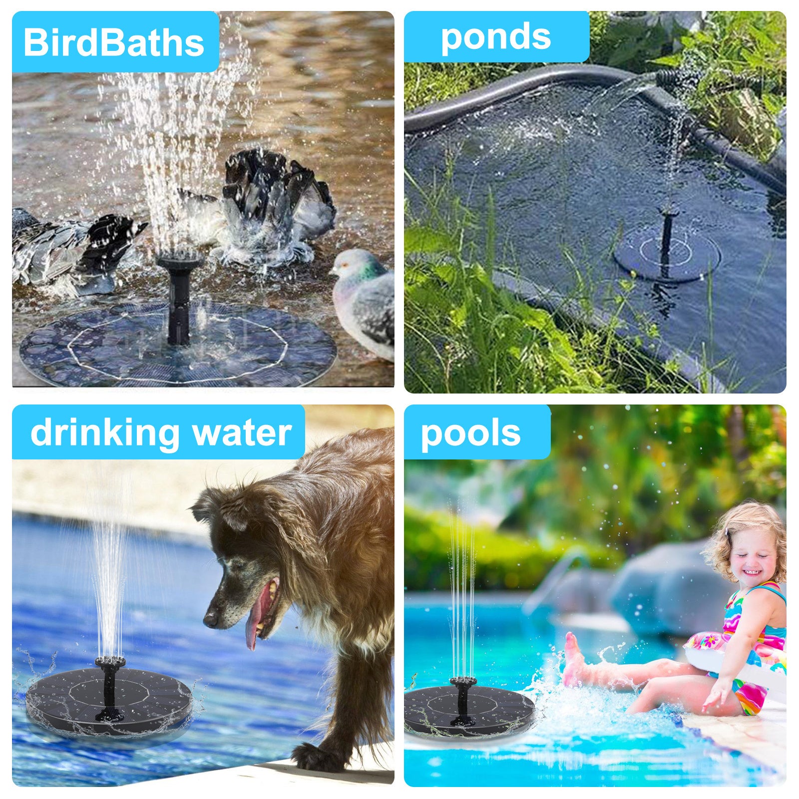Fontaine Solaire Extérieur 1,5 W avec 4 Tiges de Support avec 6 buses Max 65cm High pour bain d'oiseaux, piscine et aquarium, 16 cm - 8