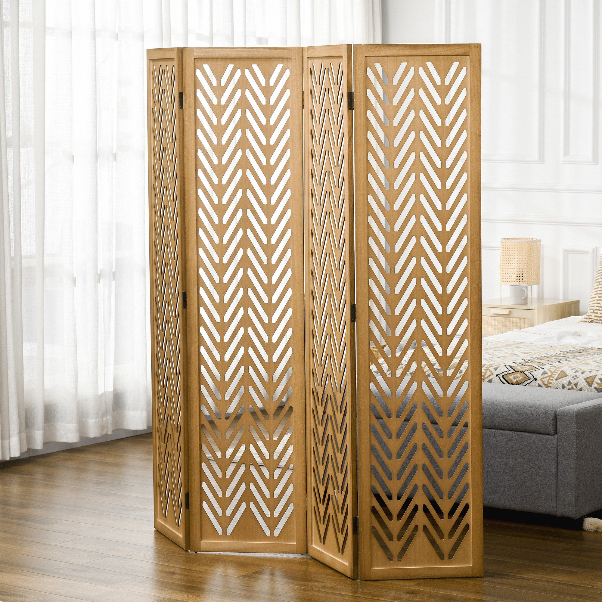 Paravent en bois ajouré séparateur de pièce closion intérieur pliable 4 panneaux en bois 160x170cm naturel - 4