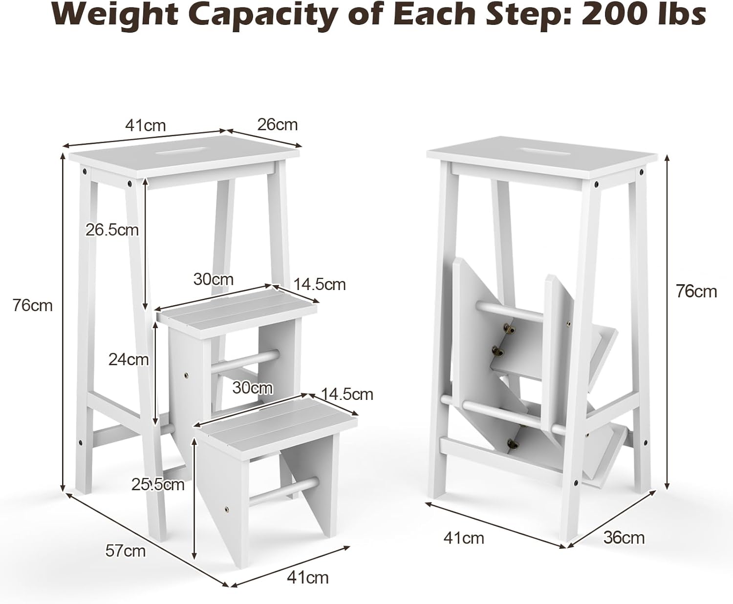 Tabouret Escabeau Pliable 3 Marches, Escabeau Marchepied en Bois Massif, Tabouret d'Échelle Multifonctionnel, avec Marches Réversibles (Blanc) - 9