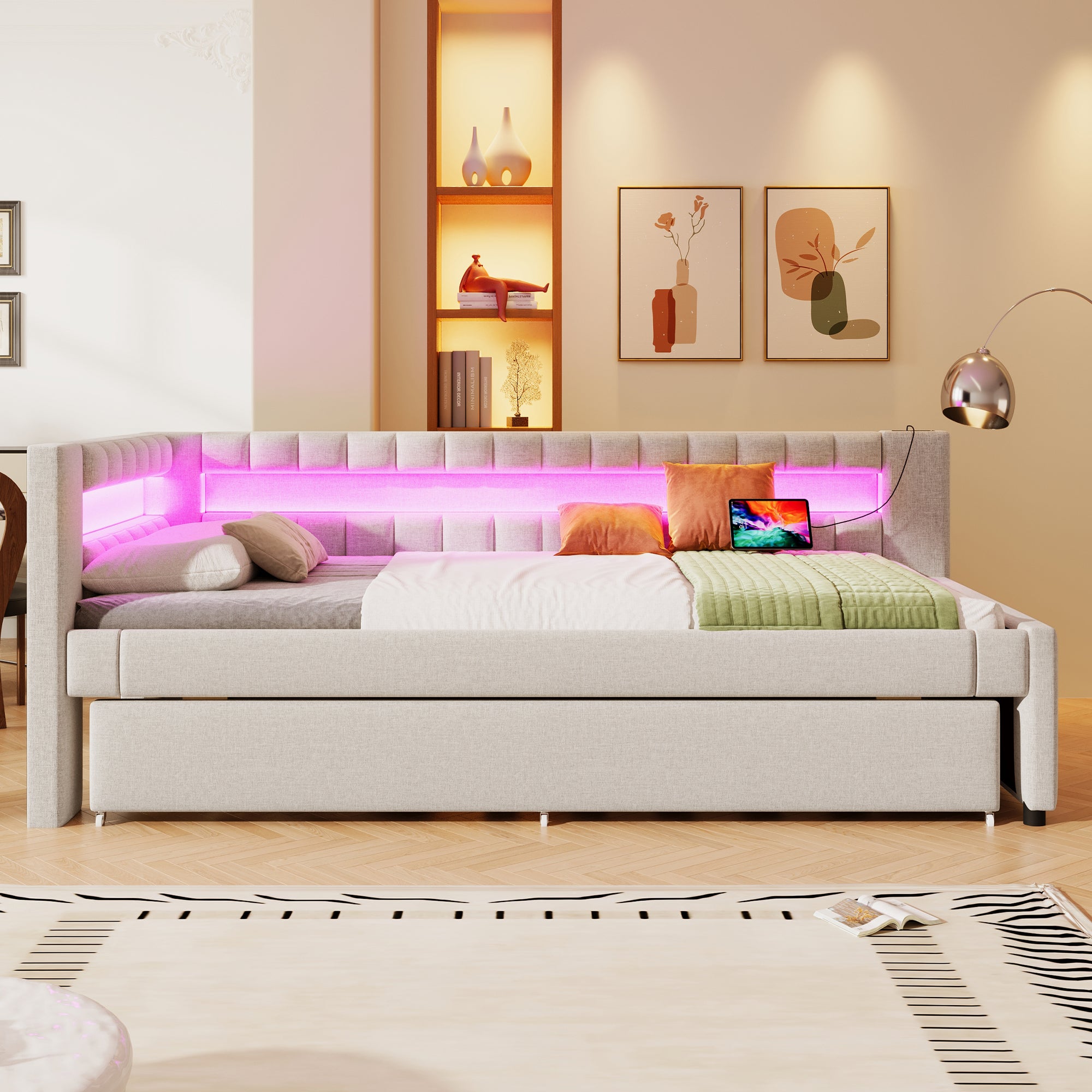Łóżko wysuwane 90 x 200 cm + 90 x 190 cm z zagłówkiem - Ładowanie USB i typu C oraz diody LED - Tkanina lniana - Beżowy (bez materaca) - 5
