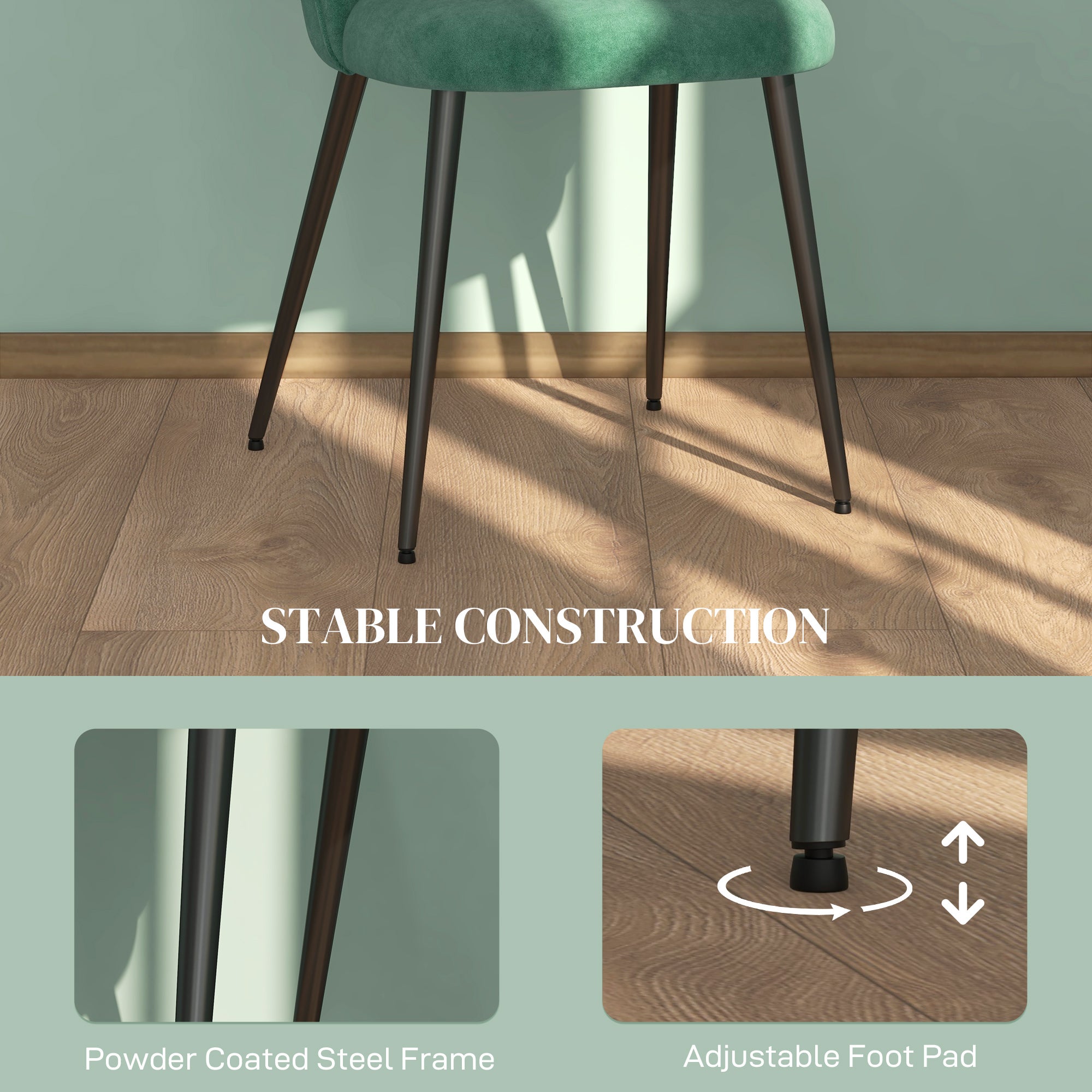 HOMCOM Set 4 Sedie Moderne Imbottite con Schienale Ricurvo, in Tessuto Effetto Velluto e Acciaio, 50x52x83 cm, Verde - 6