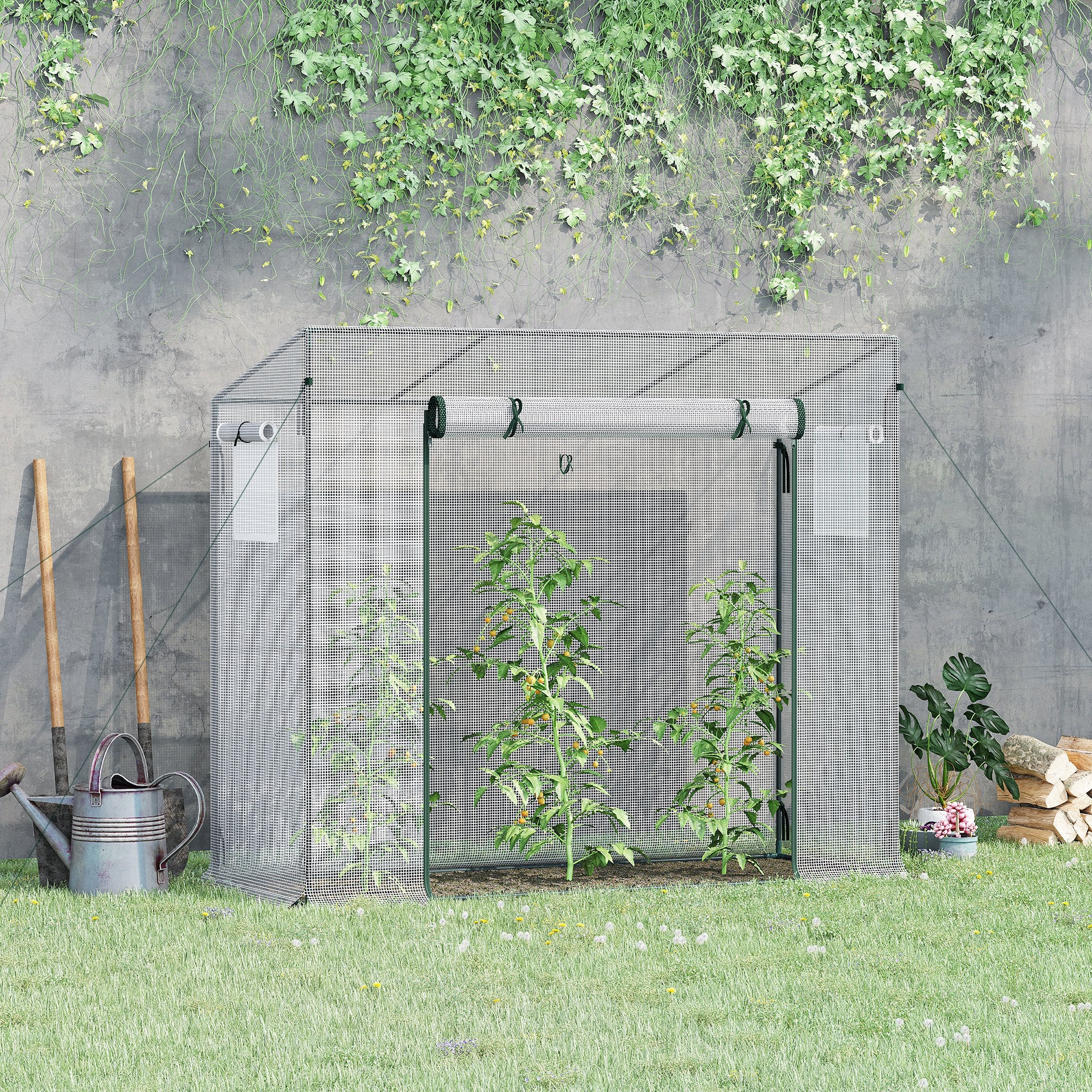 Serre de jardin avec porte roulante, 2 fenêtres et bords allongés, serre en acier et en PE, 200x76x168 cm, blanche - 4